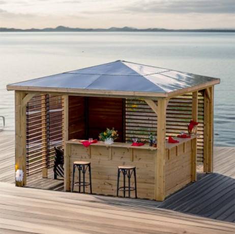 Pool house BLUETERM  en bois massif traité très haute température  2 parois avec ventelles et 2 parois avec comptoirs / Très belle finition bois - Image 2