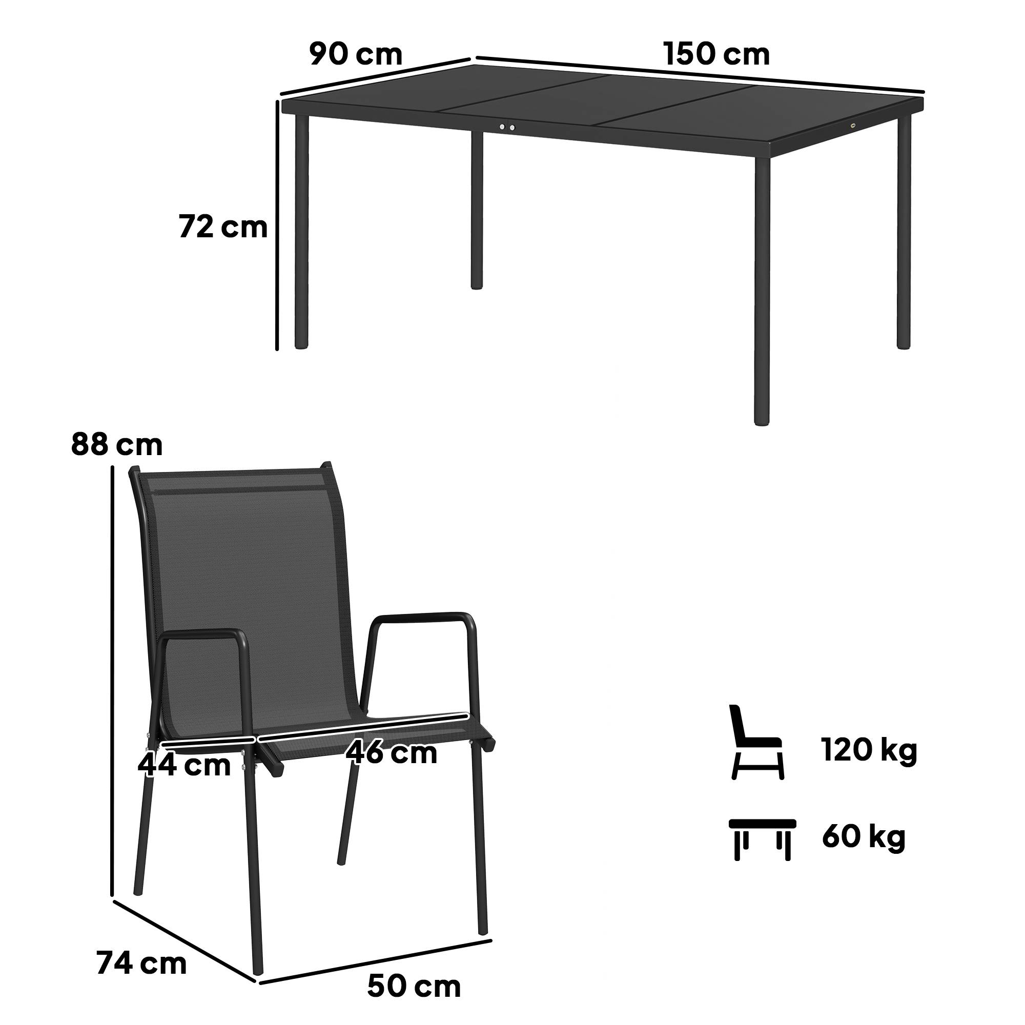 Outsunny - Ensemble table et 6 chaises jardin empilables verre trempé 5mm métal époxy textilène noir - Outsunny - Imagen 3