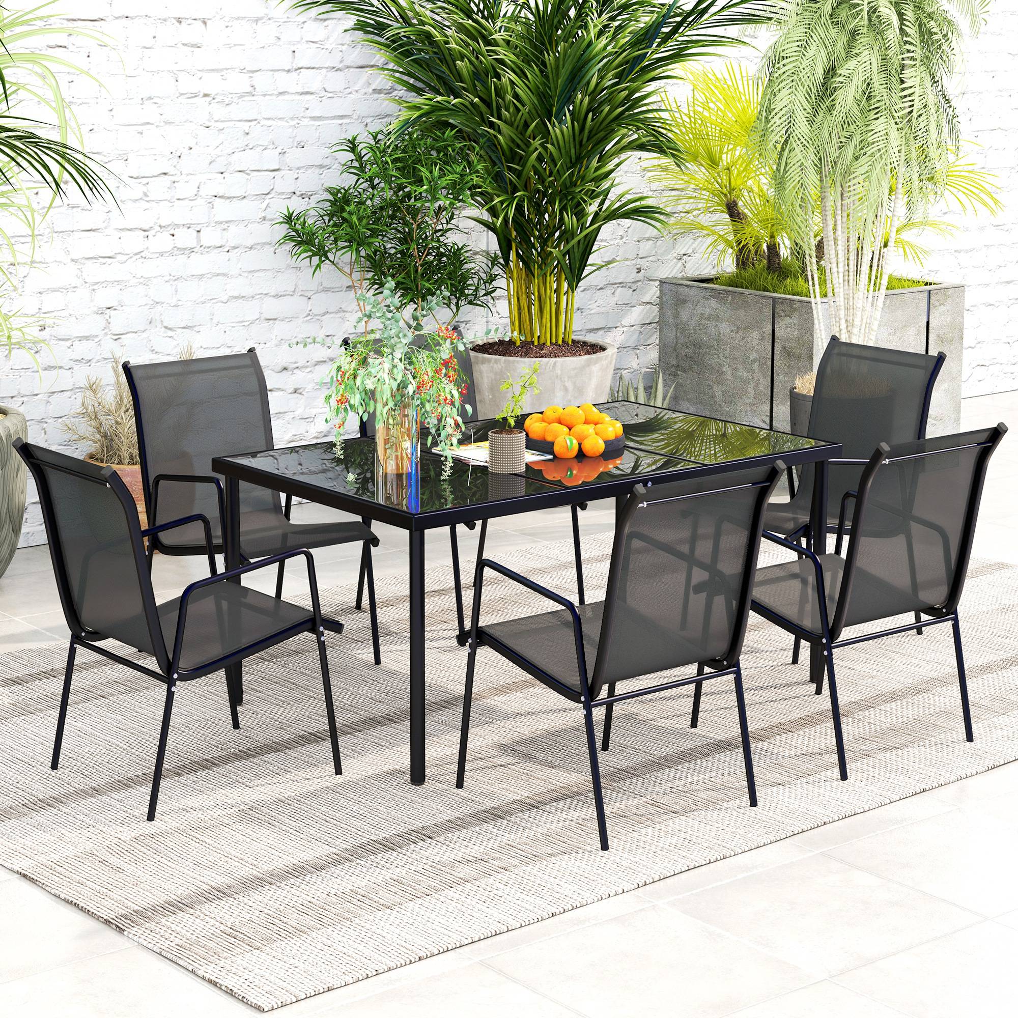 Outsunny - Ensemble table et 6 chaises jardin empilables verre trempé 5mm métal époxy textilène noir - Outsunny - Imagen 5