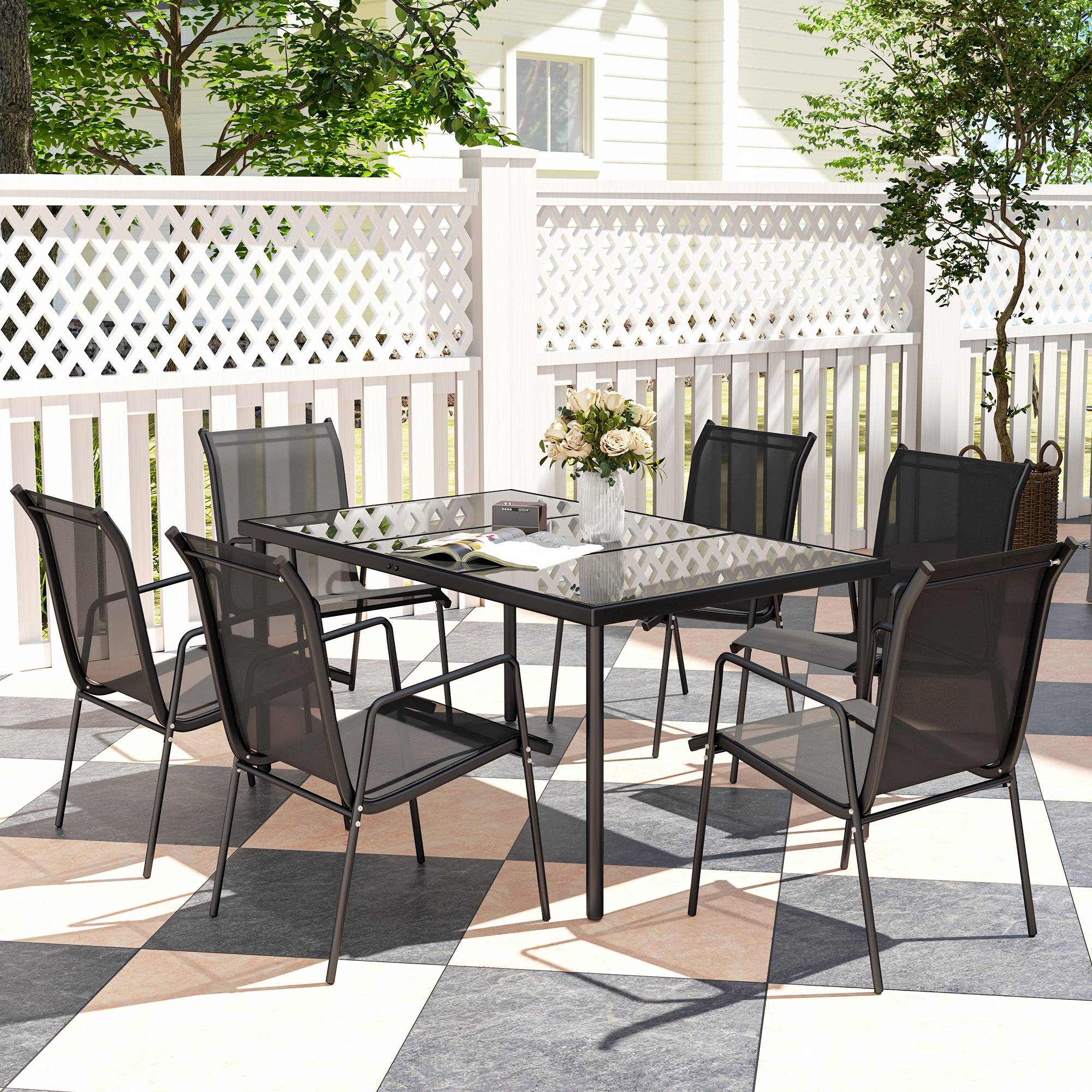 Outsunny - Ensemble table et 6 chaises jardin empilables verre trempé 5mm métal époxy textilène noir - Outsunny - Imagen 6