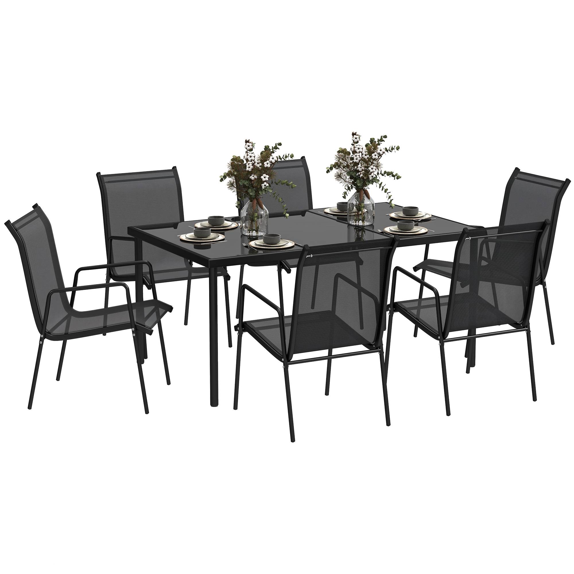 Outsunny - Ensemble table et 6 chaises jardin empilables verre trempé 5mm métal époxy textilène noir - Outsunny - Imagen 1