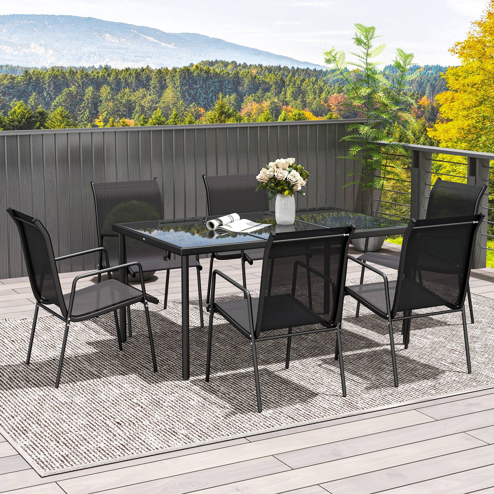 Outsunny - Ensemble table et 6 chaises jardin empilables verre trempé 5mm métal époxy textilène noir - Outsunny - Imagen 4