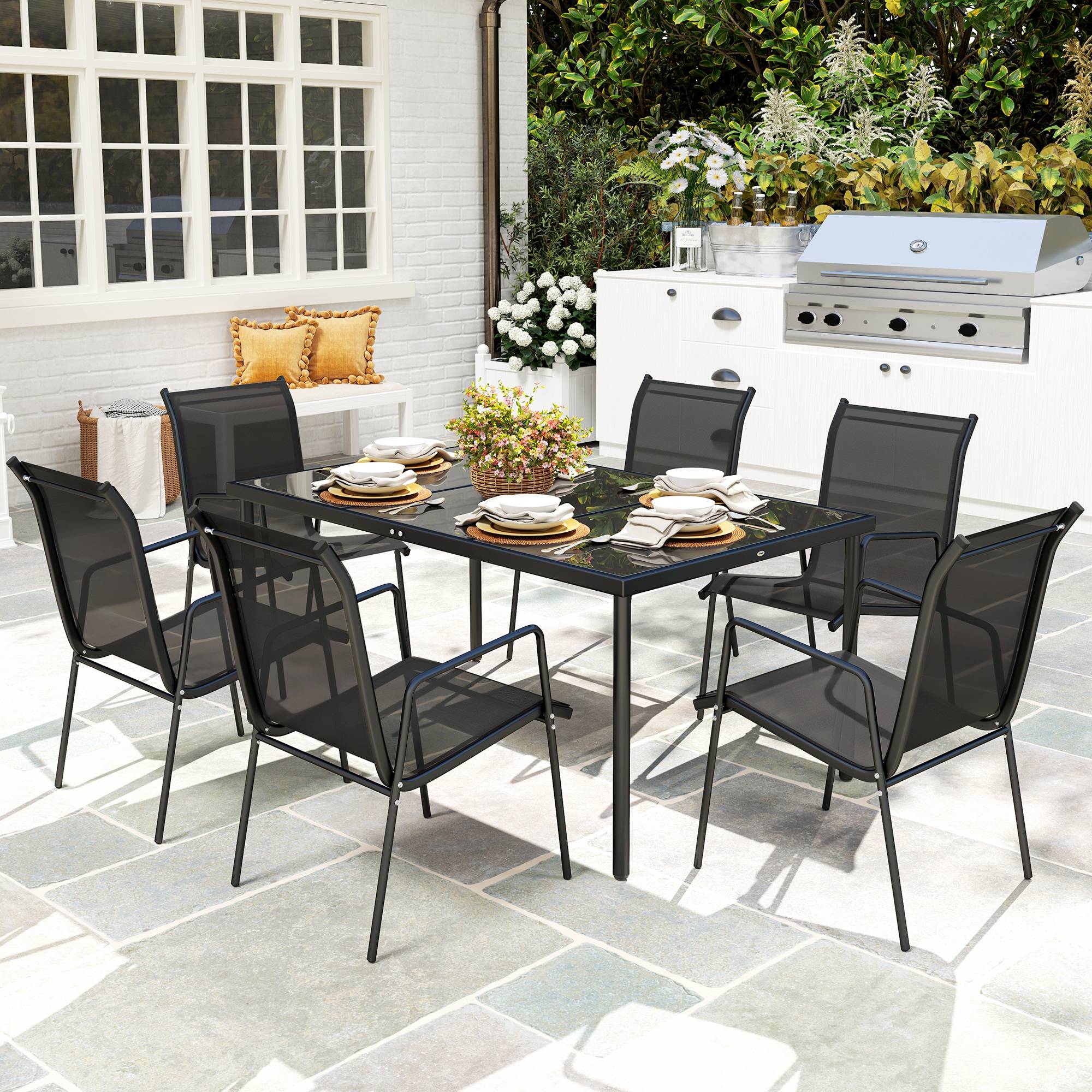 Outsunny - Ensemble table et 6 chaises jardin empilables verre trempé 5mm métal époxy textilène noir - Outsunny - Imagen 2