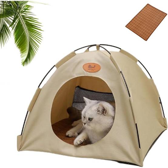 Niche pour chat-Tente rafraîchissante pour chat - Toile Oxford 600D + coussin - Fenêtres aérées - Intérieur/Extérieur - beige- Living123 - Imagen 2