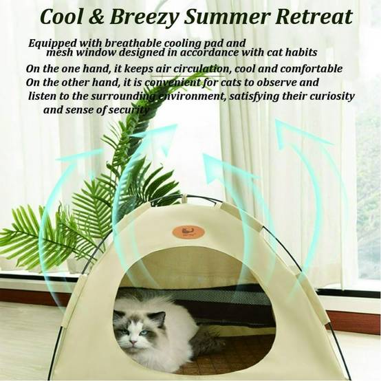 Niche pour chat-Tente rafraîchissante pour chat - Toile Oxford 600D + coussin - Fenêtres aérées - Intérieur/Extérieur - beige- Living123 - Imagen 4