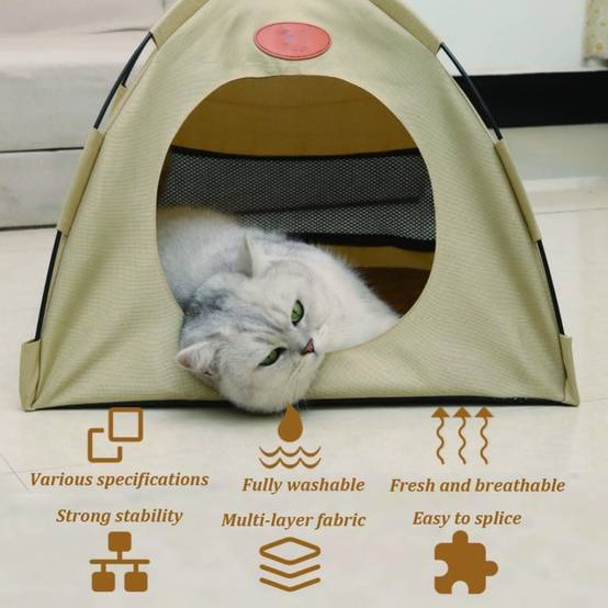 Niche pour chat-Tente rafraîchissante pour chat - Toile Oxford 600D + coussin - Fenêtres aérées - Intérieur/Extérieur - beige- Living123 - Imagen 5