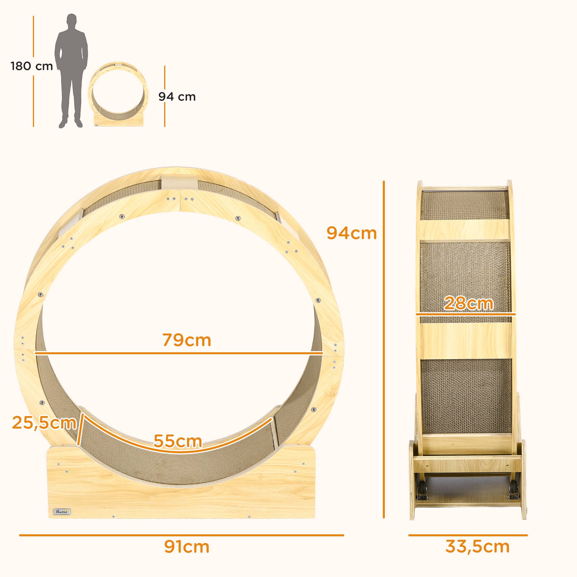 Pawhut - Roue d'exercice pour chat - frein, grattoirs - dim. 91L x 33,5P x 94H cm - aspect bois naturel - Imagen 3