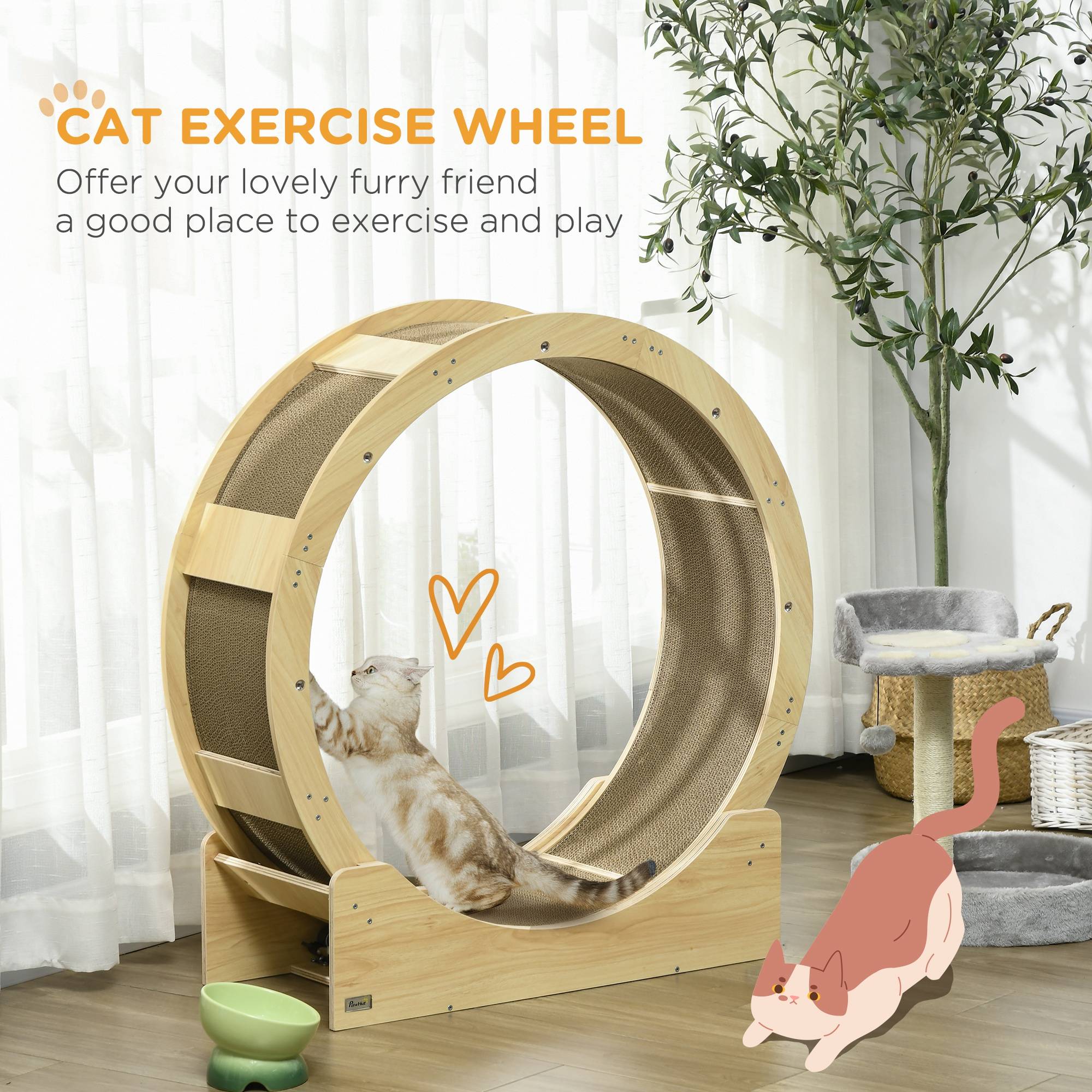 Pawhut - Roue d'exercice pour chat - frein, grattoirs - dim. 91L x 33,5P x 94H cm - aspect bois naturel - Imagen 5
