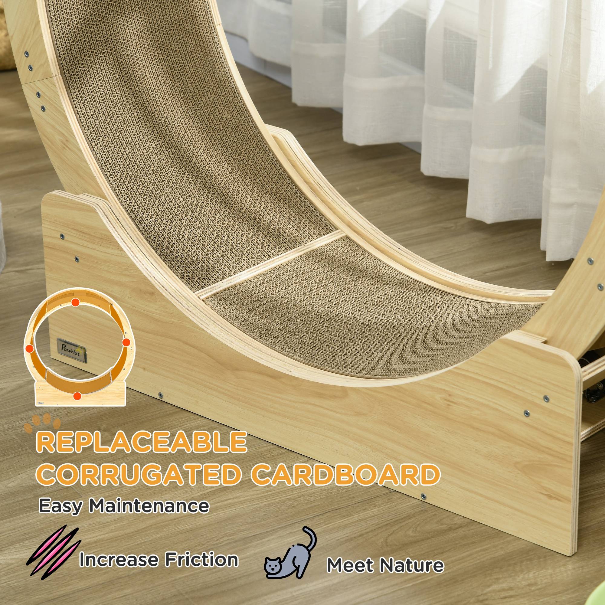 Pawhut - Roue d'exercice pour chat - frein, grattoirs - dim. 91L x 33,5P x 94H cm - aspect bois naturel - Imagen 9