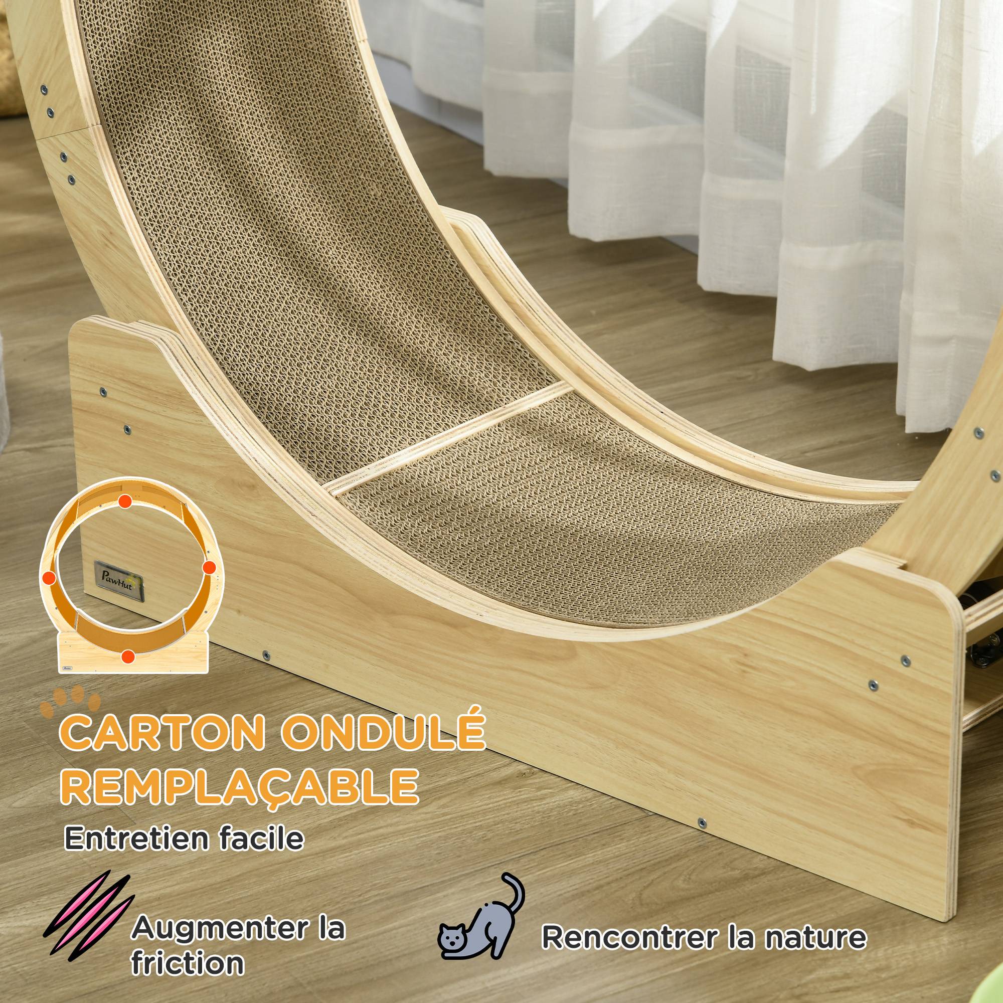 Pawhut - Roue d'exercice pour chat - frein, grattoirs - dim. 91L x 33,5P x 94H cm - aspect bois naturel - Imagen 8