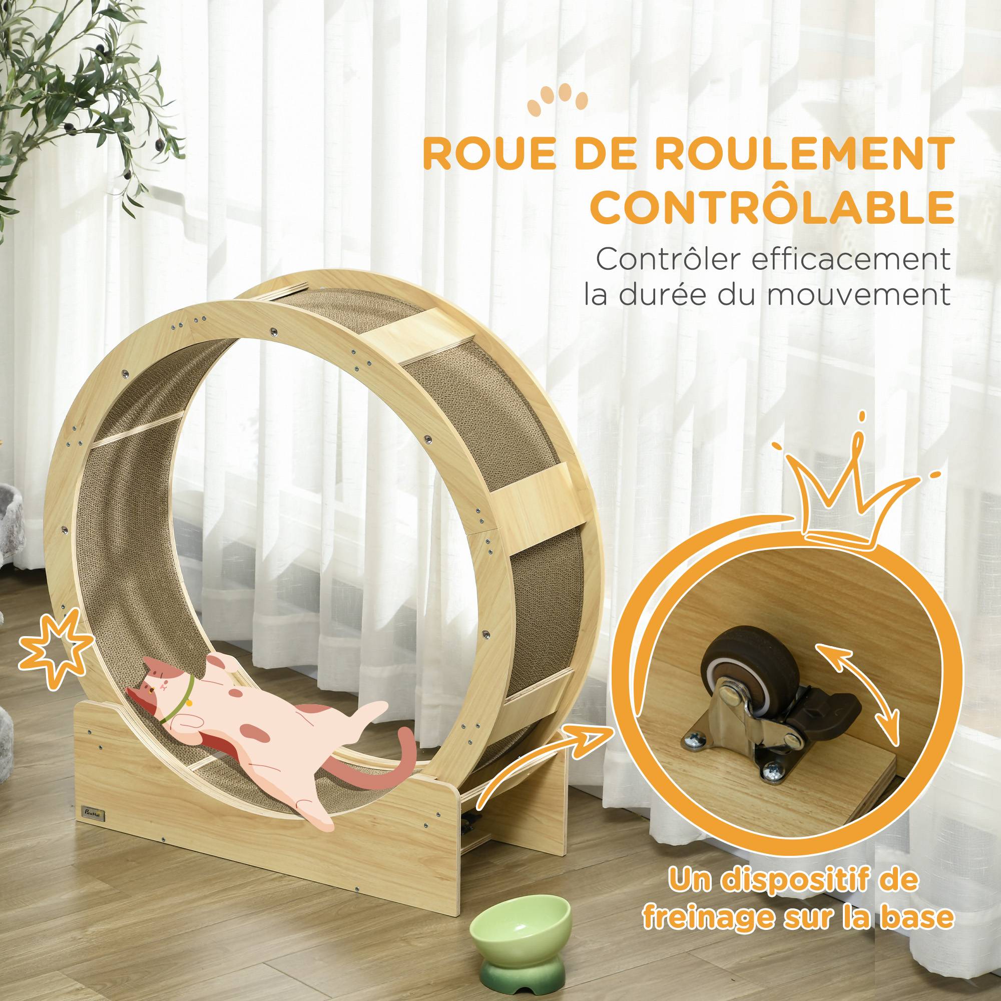 Pawhut - Roue d'exercice pour chat - frein, grattoirs - dim. 91L x 33,5P x 94H cm - aspect bois naturel - Imagen 7
