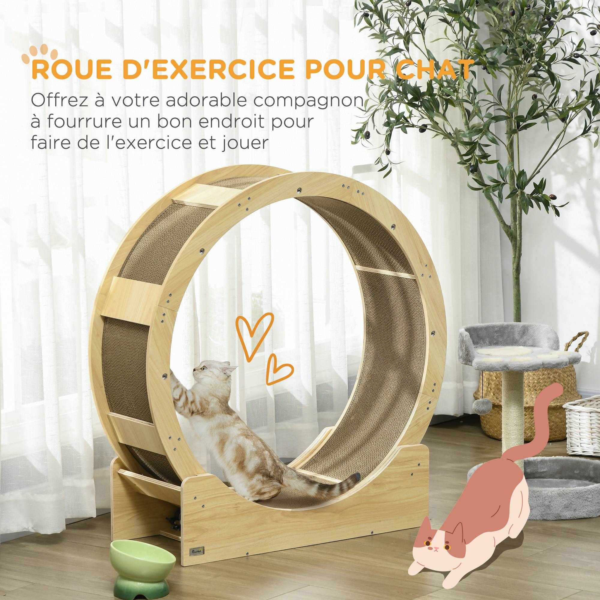 Pawhut - Roue d'exercice pour chat - frein, grattoirs - dim. 91L x 33,5P x 94H cm - aspect bois naturel - Imagen 4