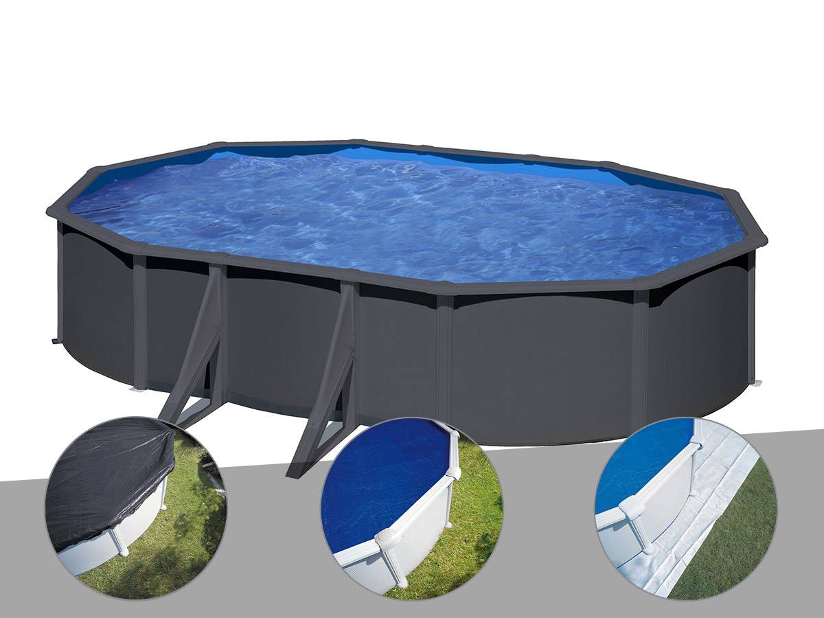 Gré - Kit piscine acier gris anthracite Gré Louko ovale 6,34 x 3,99 x 1,22 m + Bâche d'hivernage + Bâche à bulles + Tapis de sol