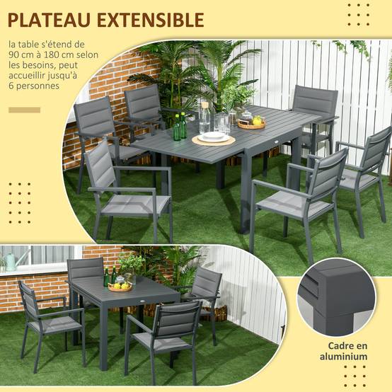 Salon de jardin en aluminium et textilène table extensible 90 à 180 cm 6 chaises empilables 4/6 personnes gris - Image 6