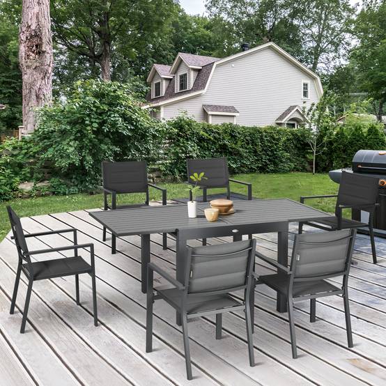 Salon de jardin en aluminium et textilène table extensible 90 à 180 cm 6 chaises empilables 4/6 personnes gris - Image 4