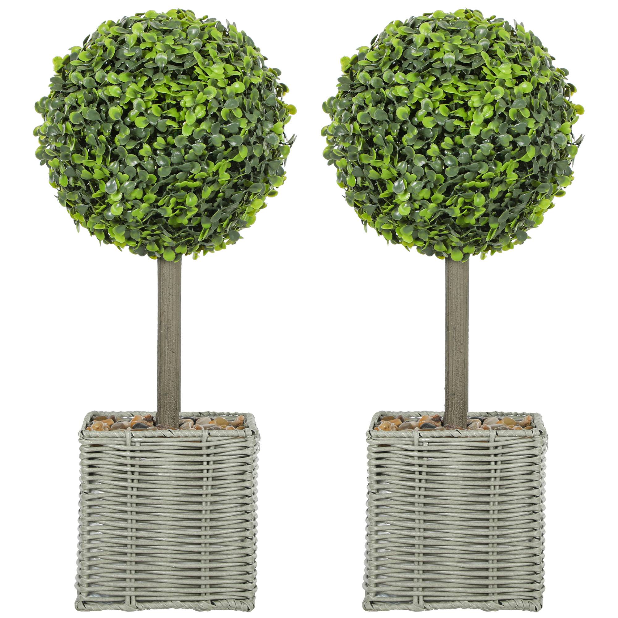 Lot de 2 plantes artificielles décoratives, boules de buis artificiel 50 cm avec pot en plastique tressé et galets, vert