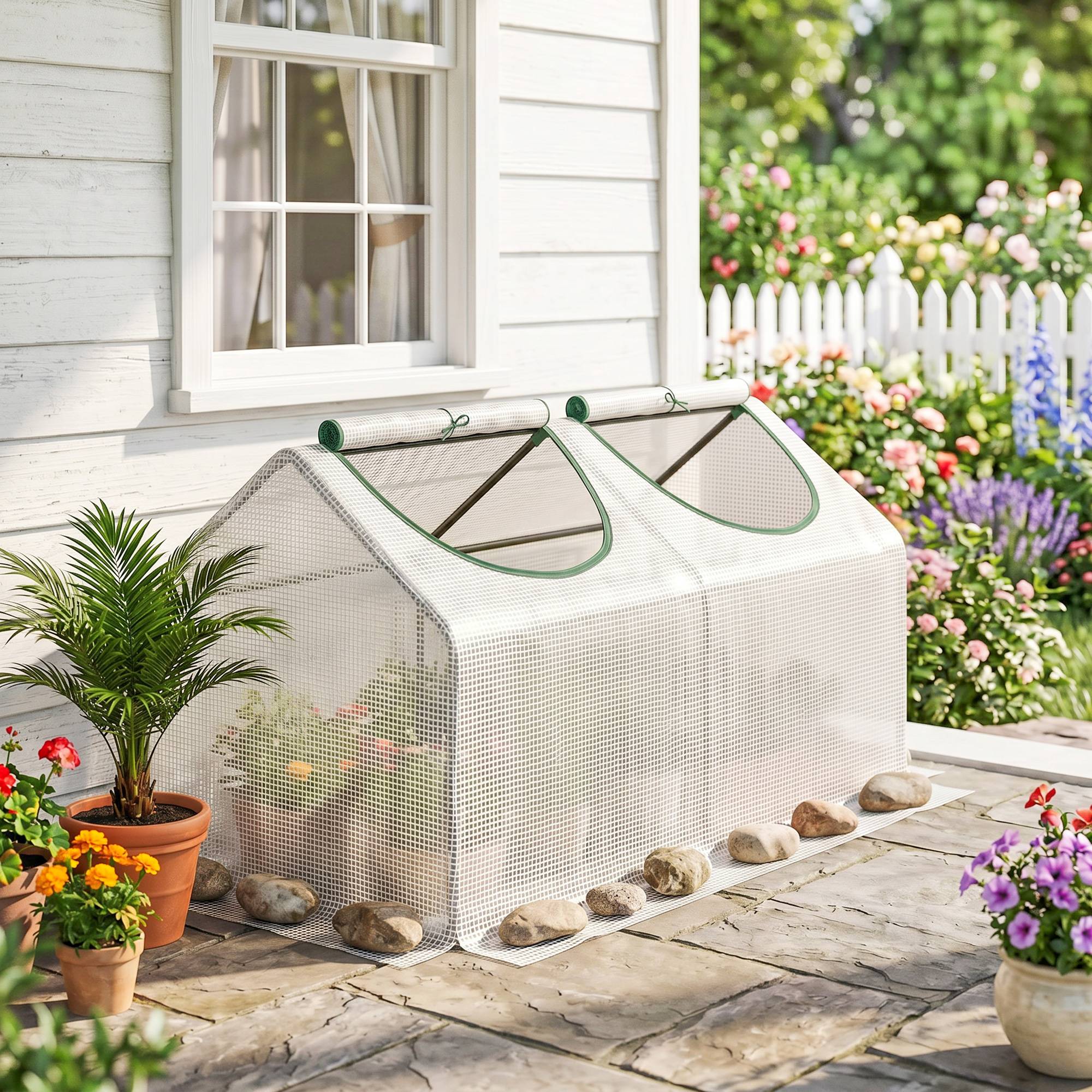Sans Marque - Serre de jardin avec bâche en polyéthylène, serre potagère avec tuteurs et bords surélevés pour plantes et fleurs, 120 x 60 x 60 cm, blanche - Image 3