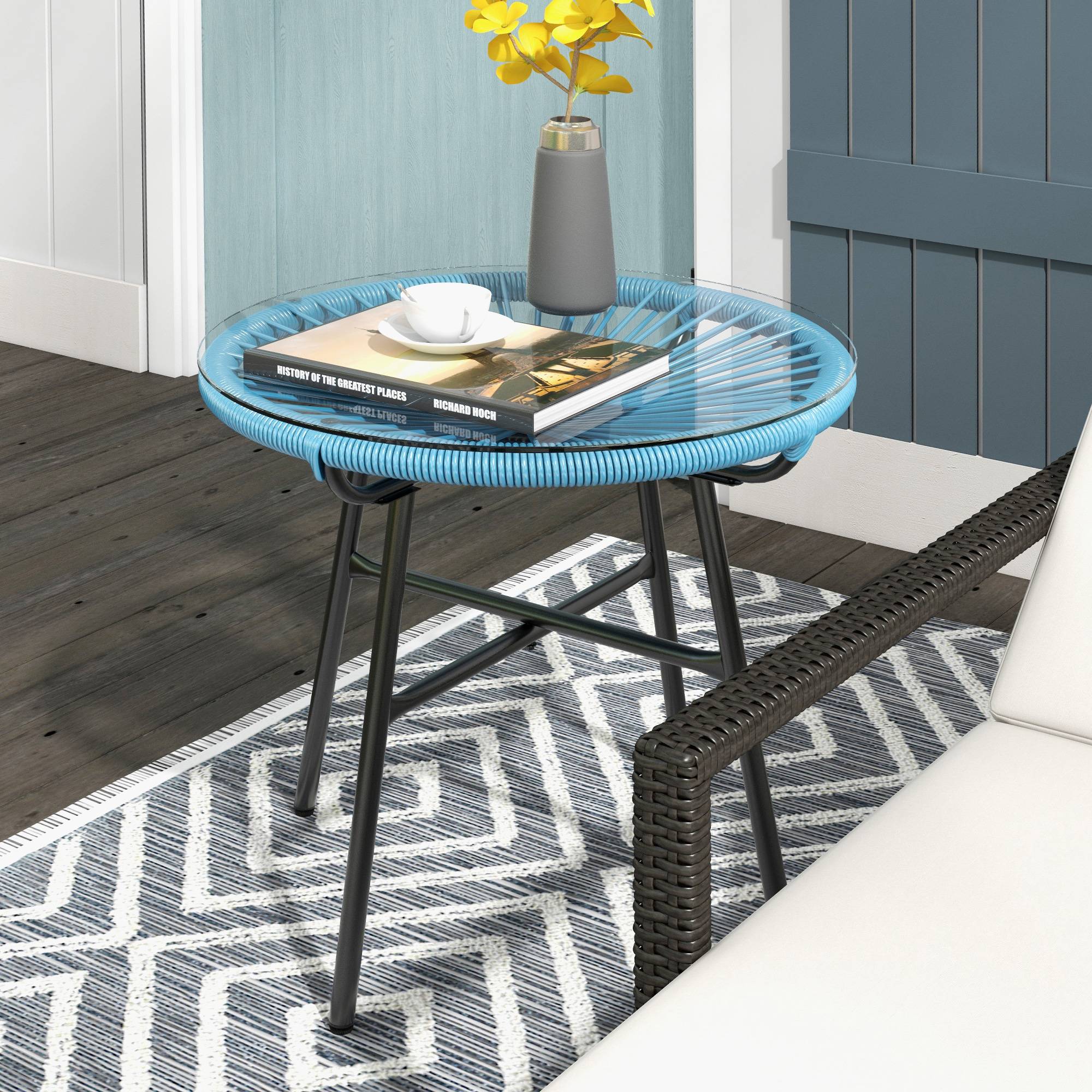Sans Marque - Table basse ronde de jardin en résine aspect rotin métal et plateau verre trempé Ø 50 x 50H cm - Image 3