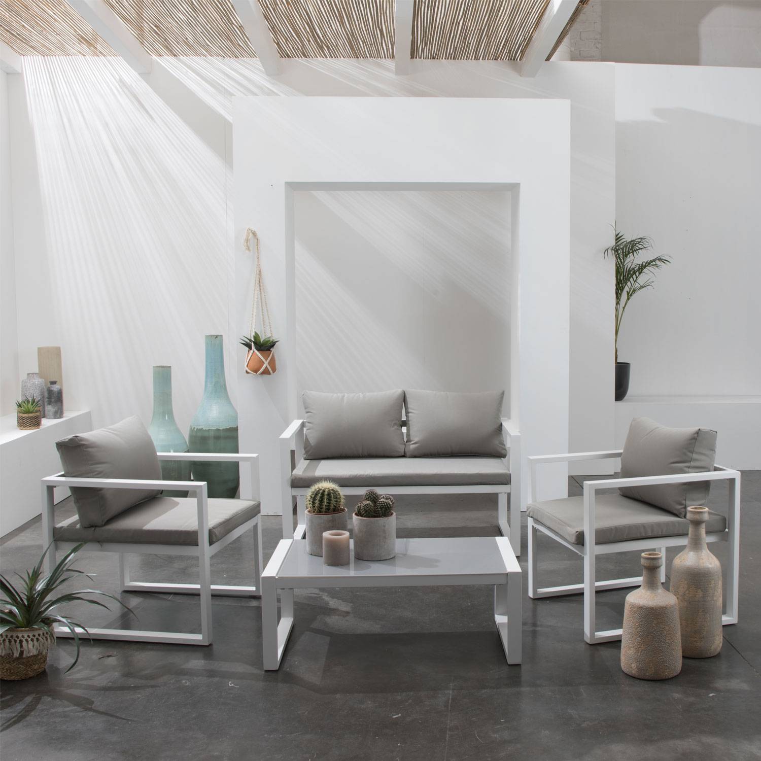 Salon de jardin IBIZA en tissu gris 4 places - aluminium blanc - HAPPY GARDEN - Imagen 7