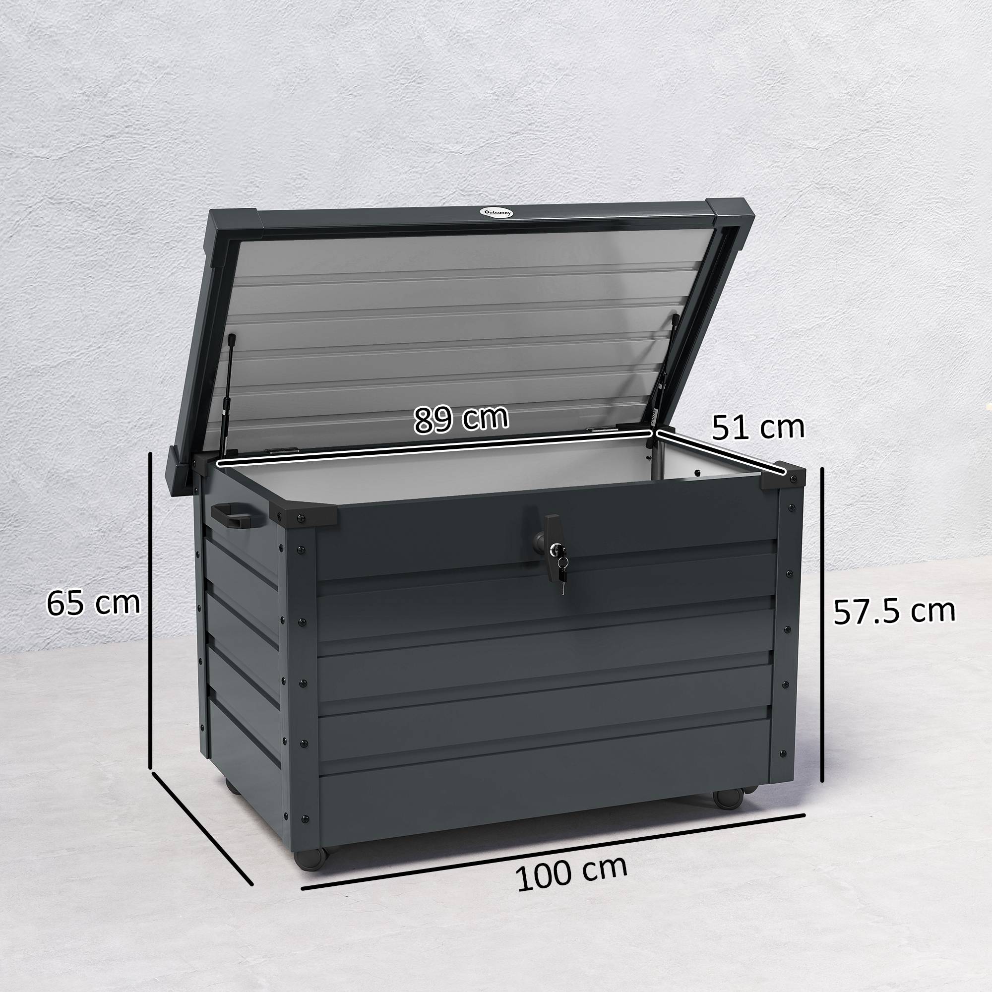 Coffre de rangement 295L en acier galvanisé pour jardin avec vérin et roulettes Gris - ComfortXL Outdoor Living - Image 5