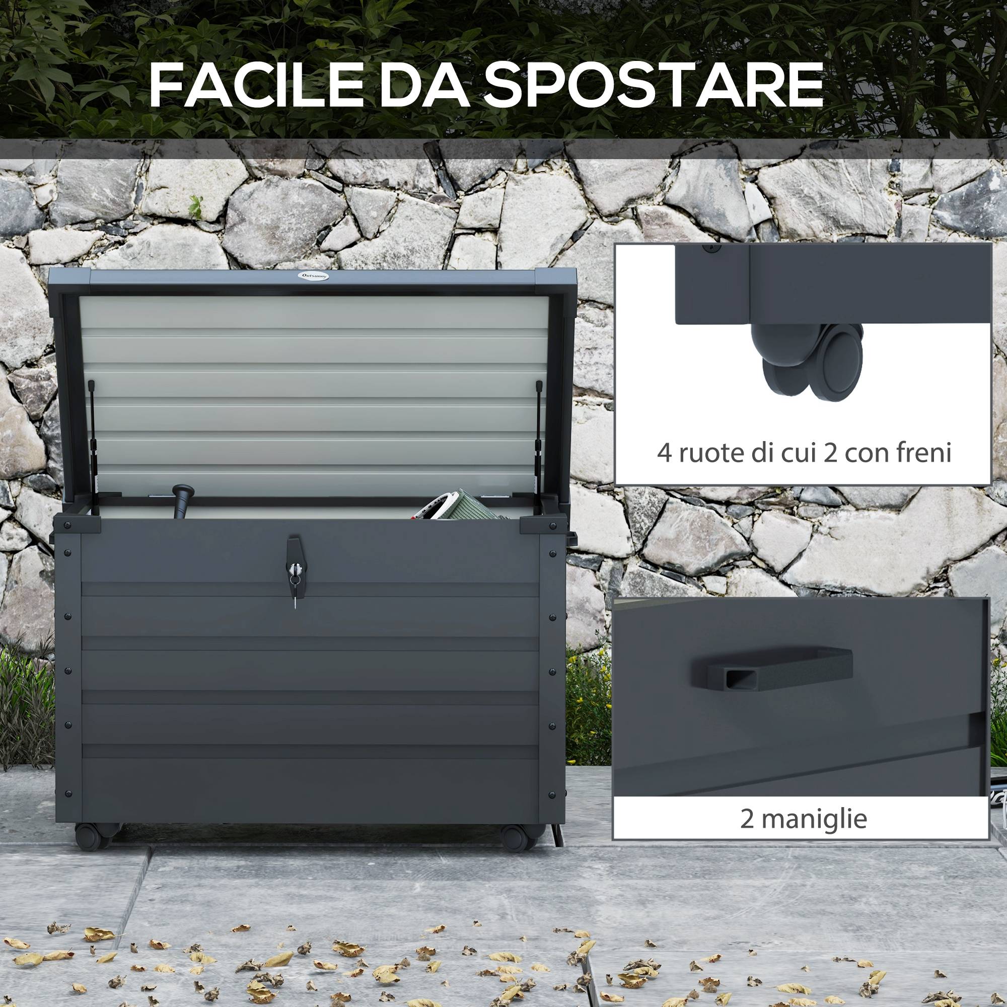 Coffre de rangement 295L en acier galvanisé pour jardin avec vérin et roulettes Gris - ComfortXL Outdoor Living - Image 6