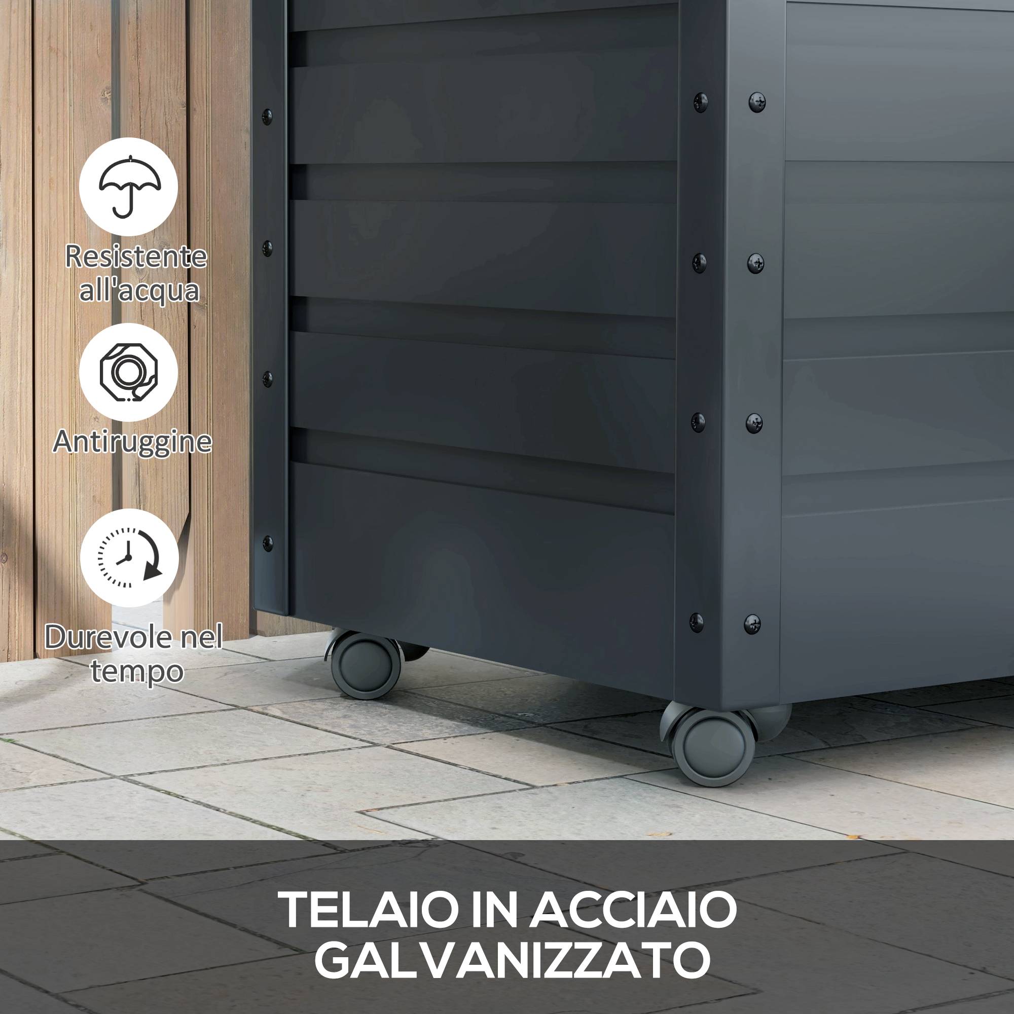 Coffre de rangement 295L en acier galvanisé pour jardin avec vérin et roulettes Gris - ComfortXL Outdoor Living - Image 7