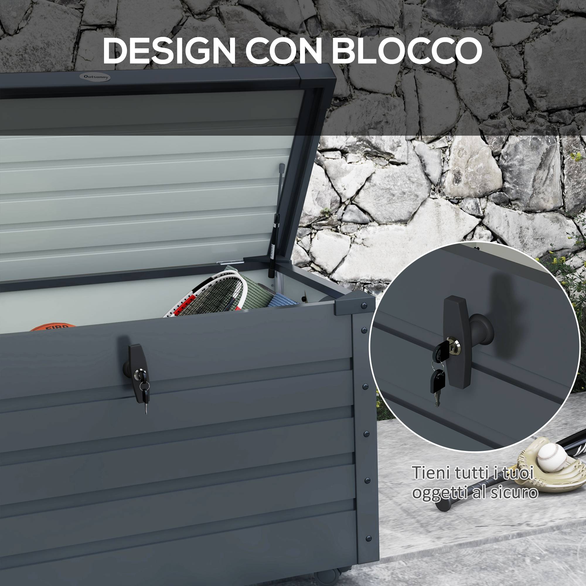 Coffre de rangement 295L en acier galvanisé pour jardin avec vérin et roulettes Gris - ComfortXL Outdoor Living - Image 9