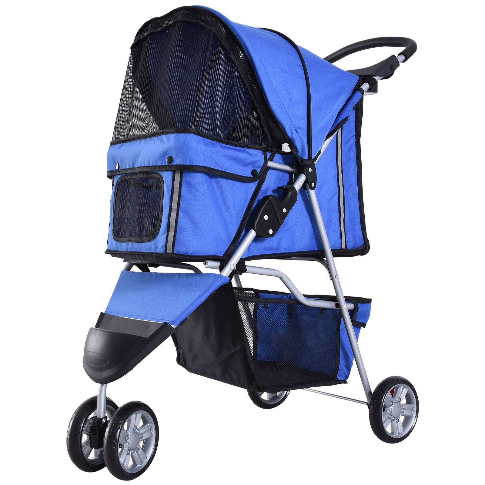 Poussette pour petit chien avec panier de rangement, fenêtres en filet et 2 roues universelles, 75 x 45 x 97 cm, bleue - Image 2