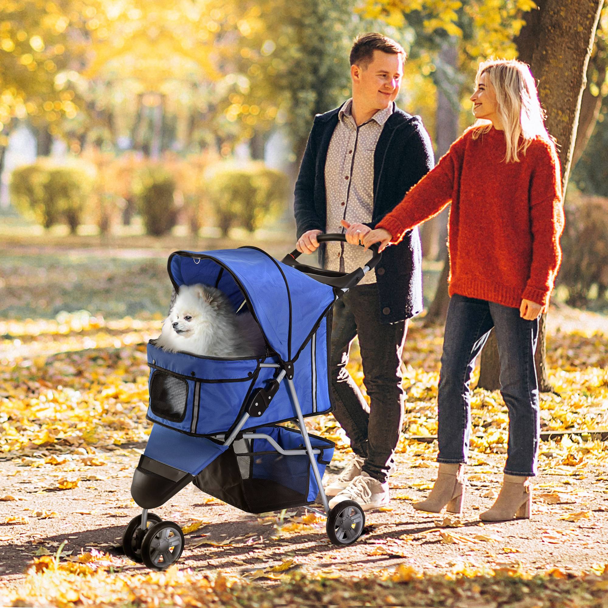 Poussette pour petit chien avec panier de rangement, fenêtres en filet et 2 roues universelles, 75 x 45 x 97 cm, bleue - Image 4