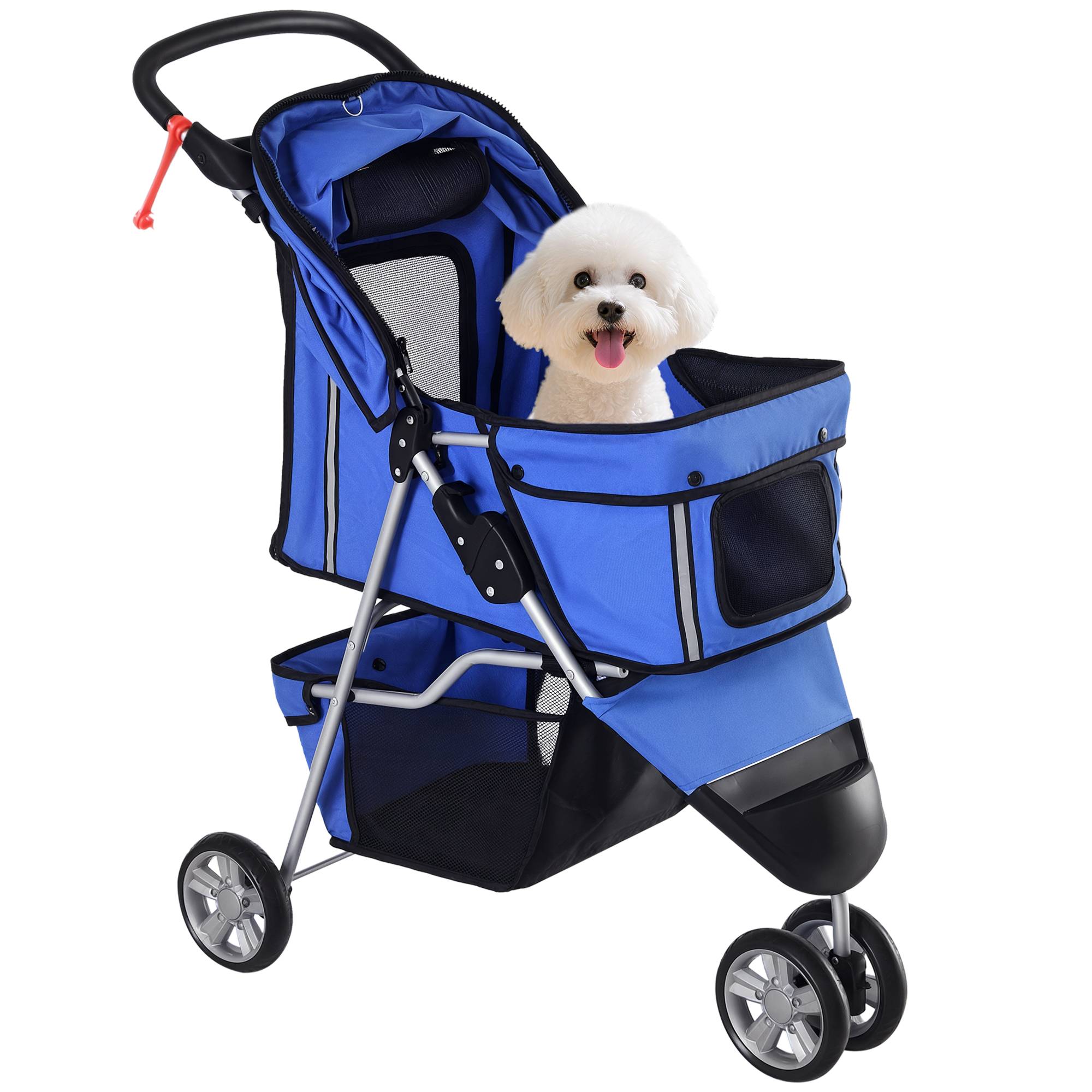 Poussette pour petit chien avec panier de rangement, fenêtres en filet et 2 roues universelles, 75 x 45 x 97 cm, bleue - Image 1