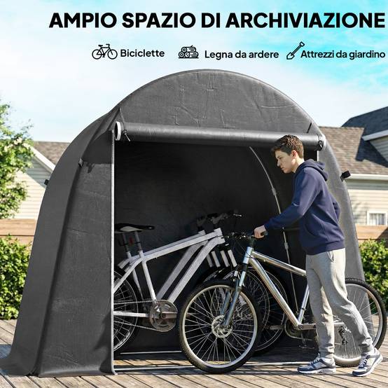 Abri pour vélos et outils avec entrée zippée, en PE et métal, 245 x 120 x 200 cm, gris foncé - Image 7