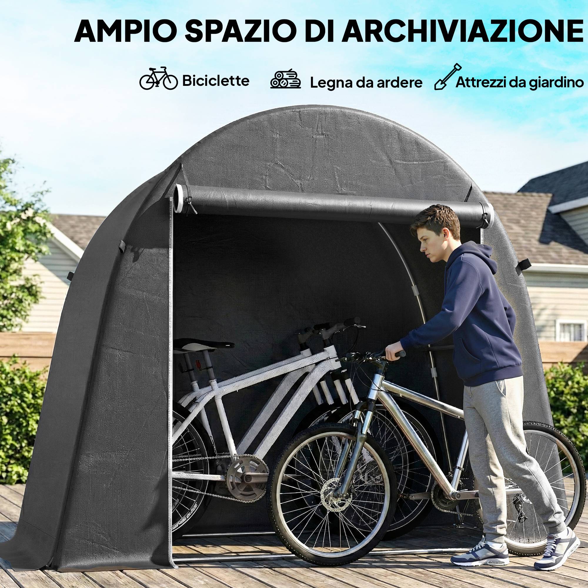 Abri pour vélos et outils avec entrée zippée, en PE et métal, 245 x 120 x 200 cm, gris foncé - Image 7