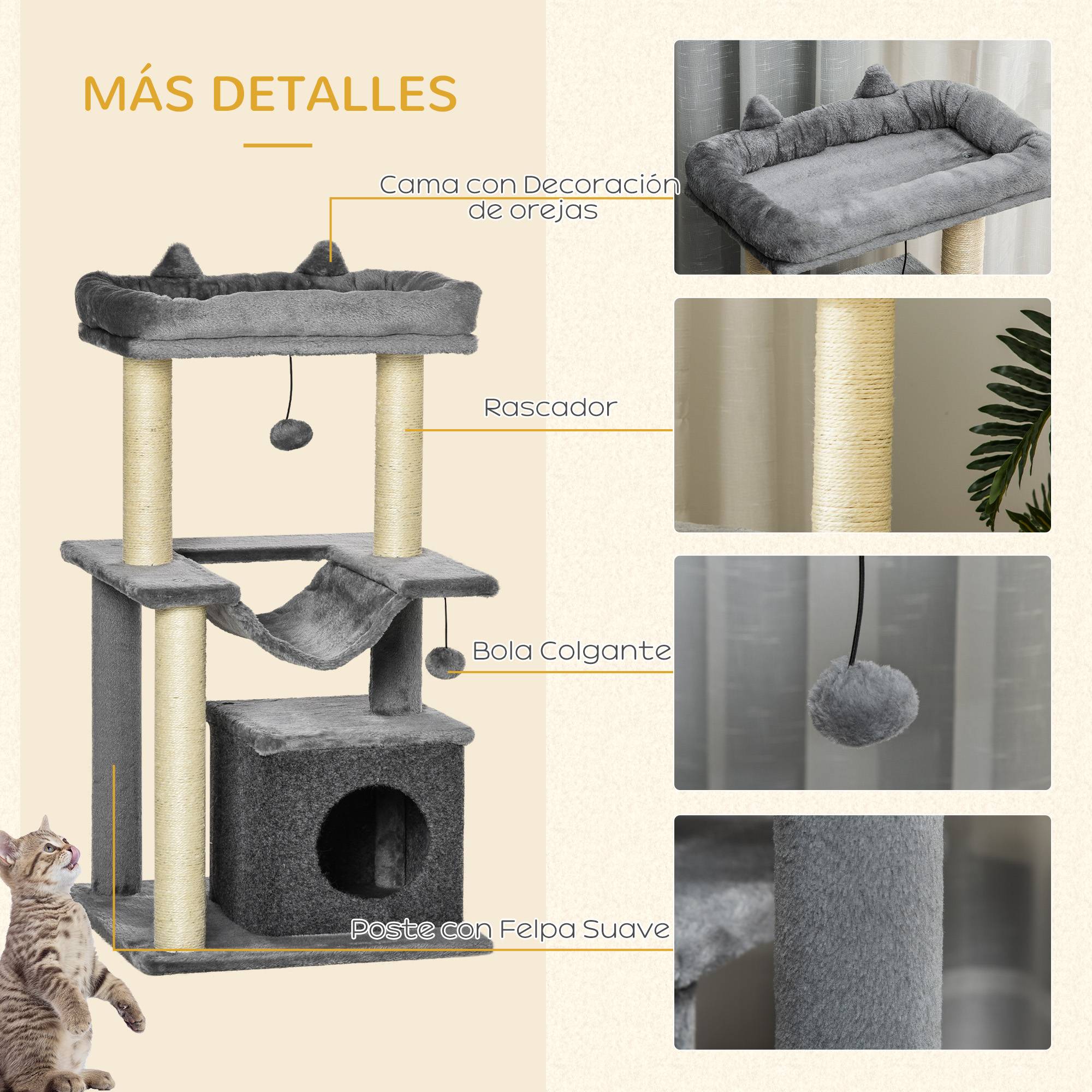 Arbre à chat, hauteur 90 cm, 3 niveaux avec niche, plateforme, balles suspendues et poteau en sisal, 48 x 48 x 90 cm, gris - Image 9