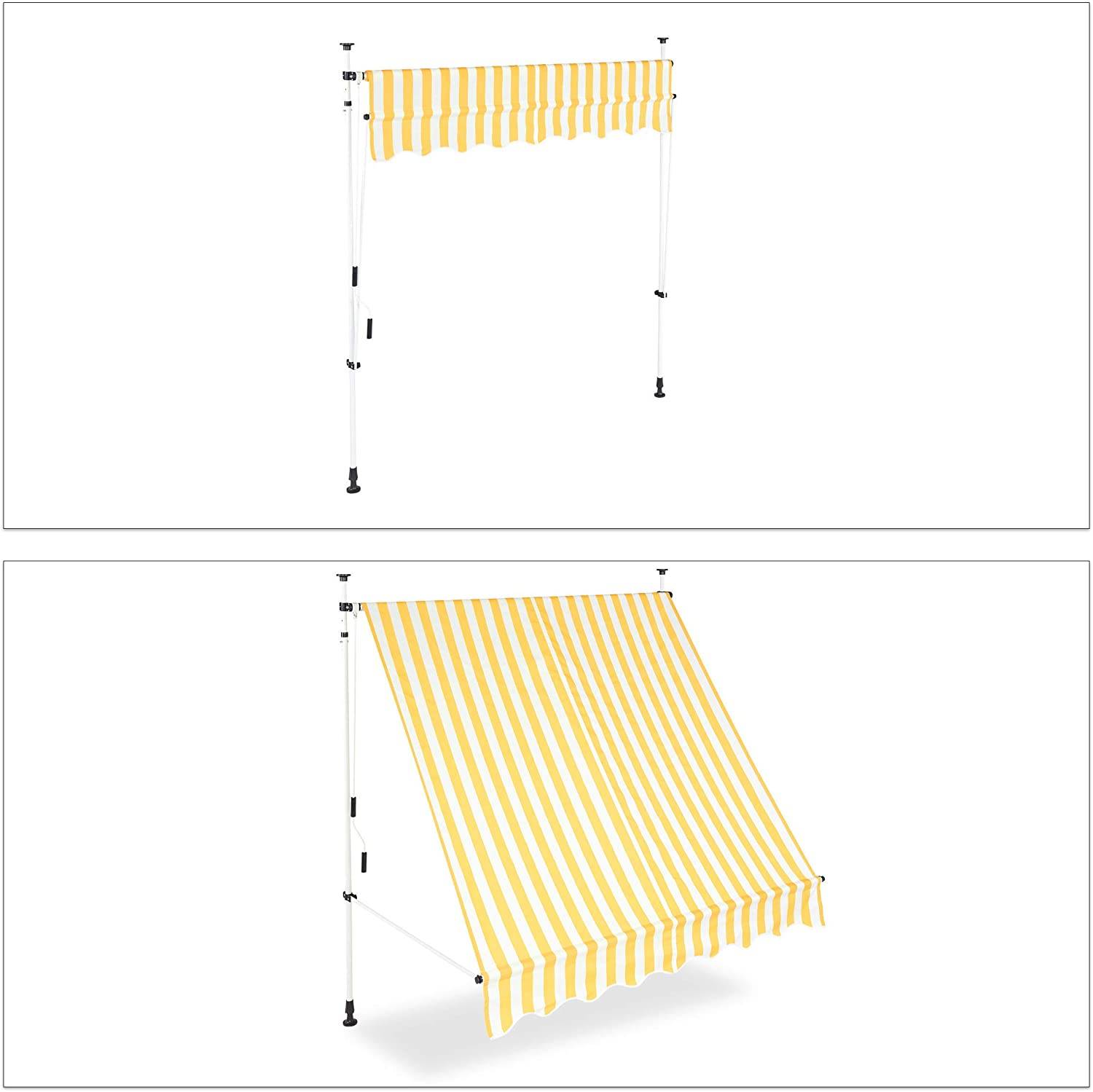 Helloshop26 - Store banne télescopique de balcon manivelle hauteur réglable résistant uv polyester acier 200 x 120 cm blanc et jaune - Imagen 2