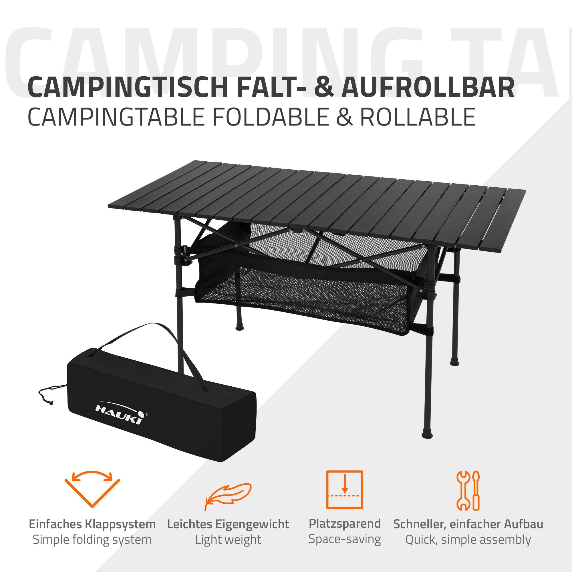 Table de Camping Pliante Noire, 118 x 55 x 64,5 cm, Plateau de Table Enroulable en Aluminium, avec Sac de Transport - Image 3