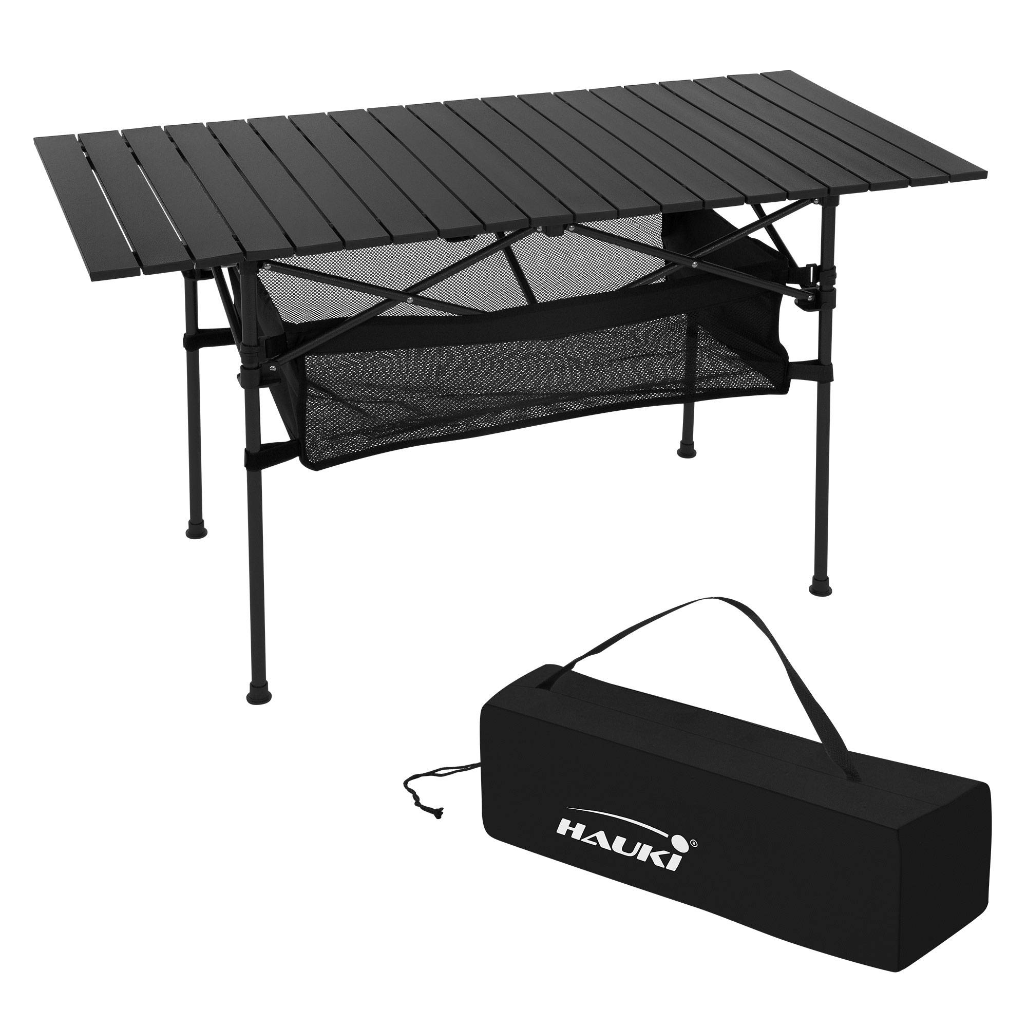 Table de Camping Pliante Noire, 118 x 55 x 64,5 cm, Plateau de Table Enroulable en Aluminium, avec Sac de Transport - Image 2