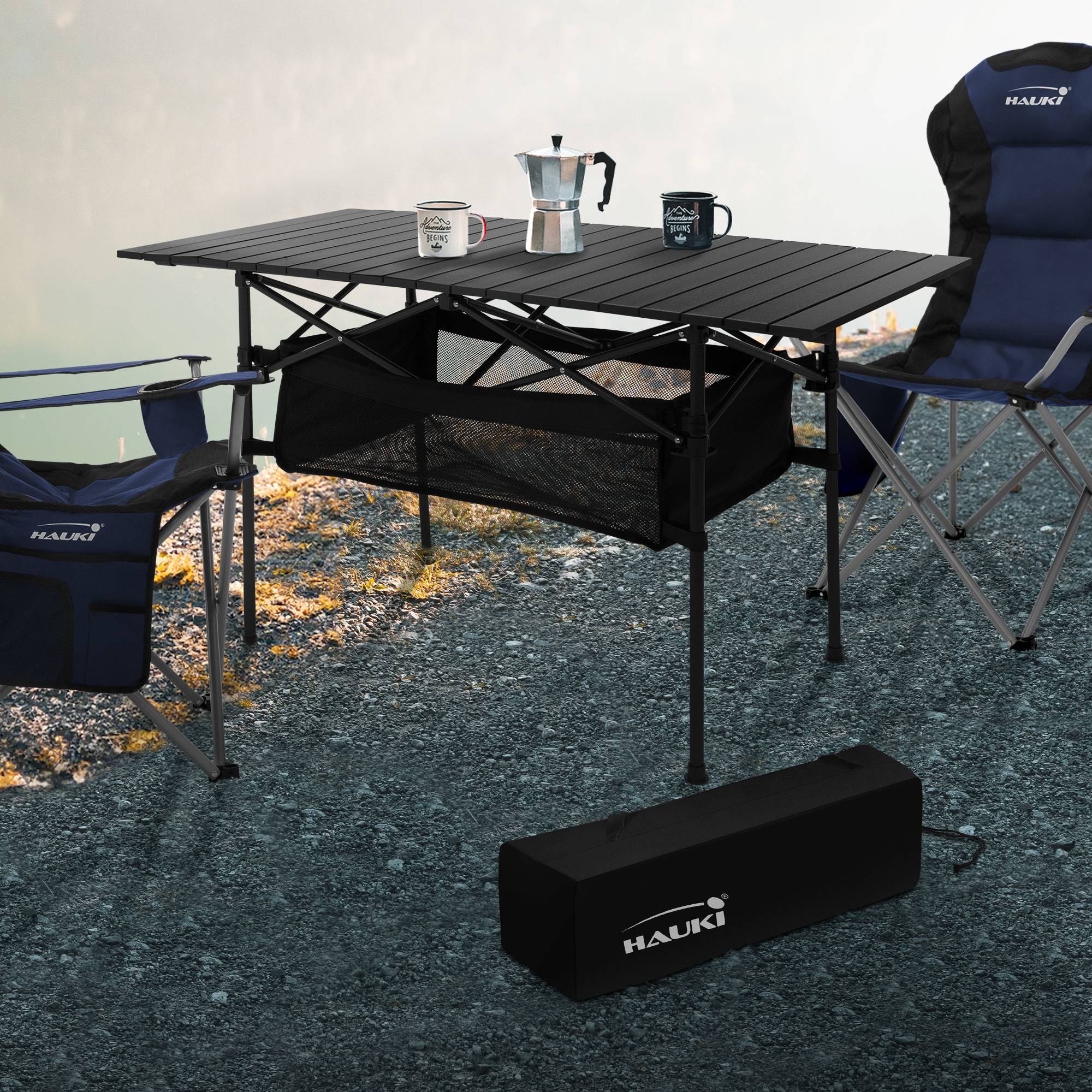 Table de Camping Pliante Noire, 118 x 55 x 64,5 cm, Plateau de Table Enroulable en Aluminium, avec Sac de Transport - Image 1