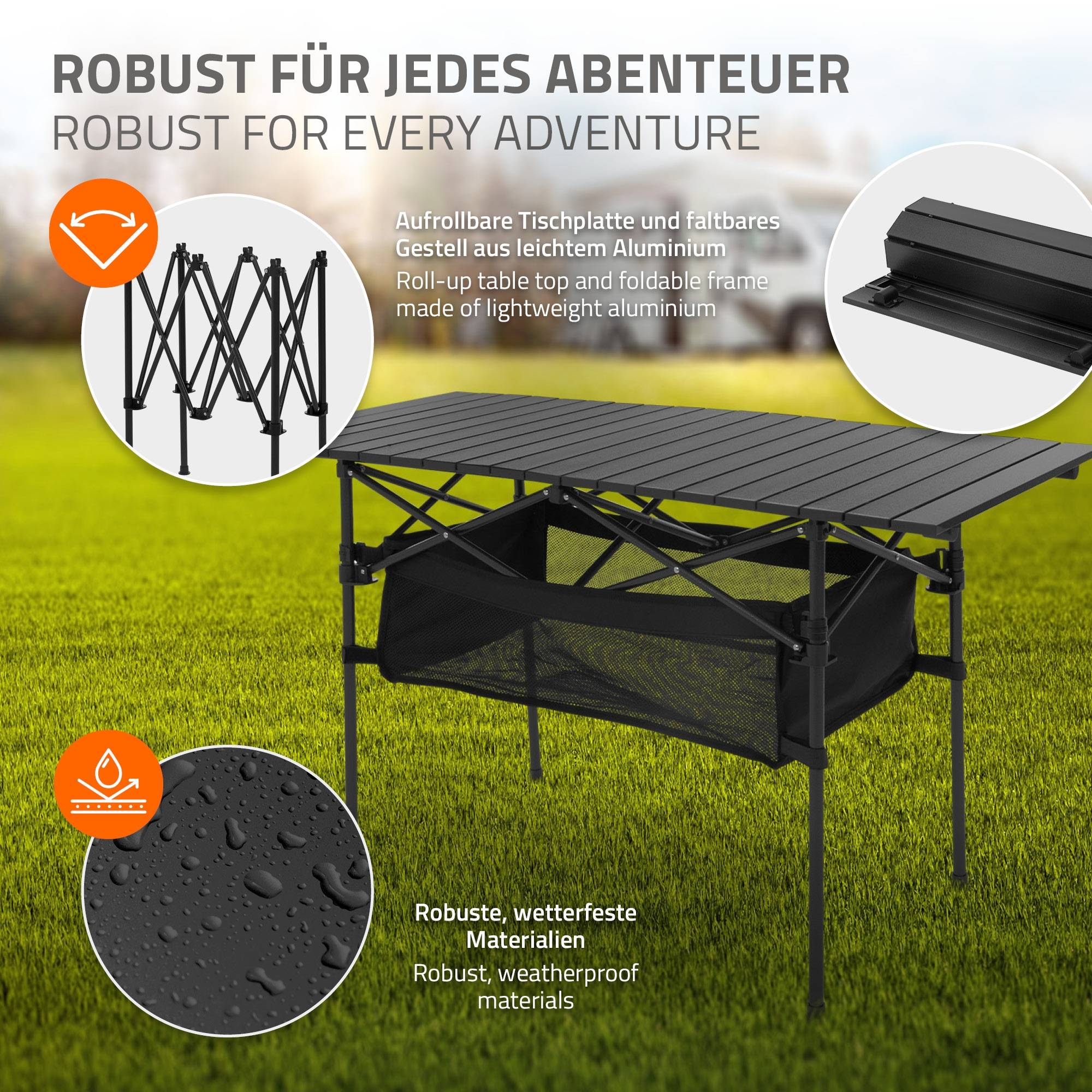 Table de Camping Pliante Noire, 118 x 55 x 64,5 cm, Plateau de Table Enroulable en Aluminium, avec Sac de Transport - Image 7