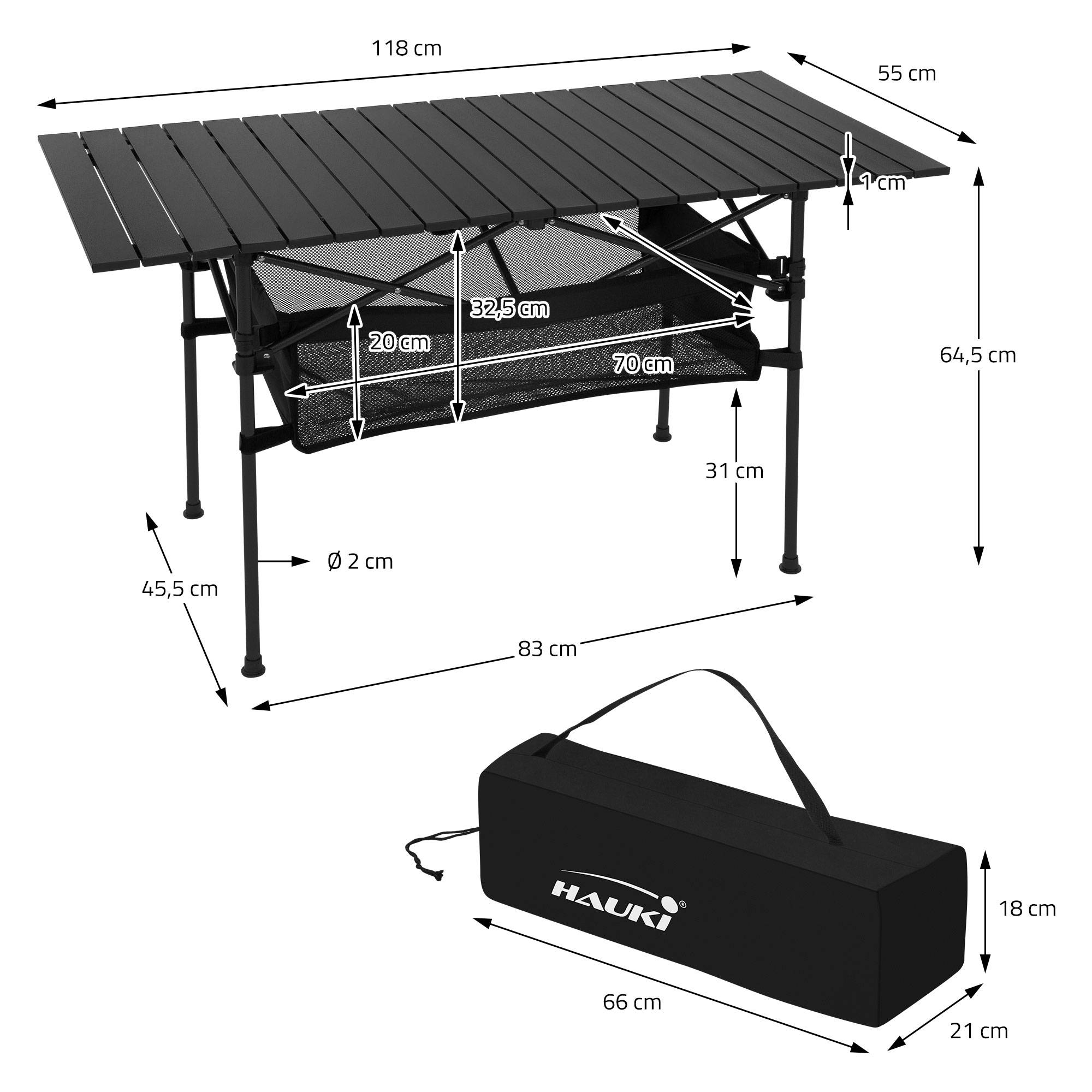 Table de Camping Pliante Noire, 118 x 55 x 64,5 cm, Plateau de Table Enroulable en Aluminium, avec Sac de Transport - Image 8