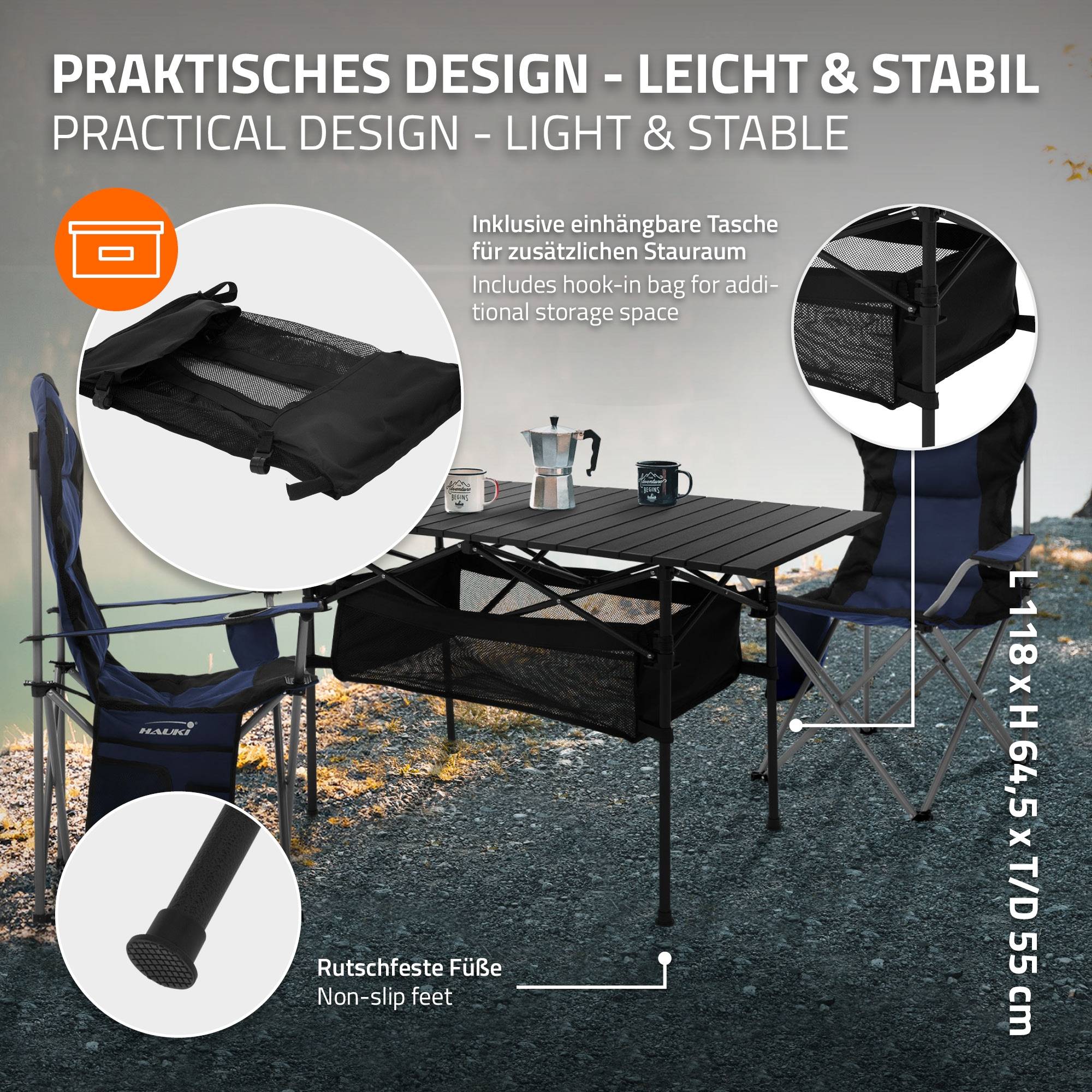 Table de Camping Pliante Noire, 118 x 55 x 64,5 cm, Plateau de Table Enroulable en Aluminium, avec Sac de Transport - Image 4