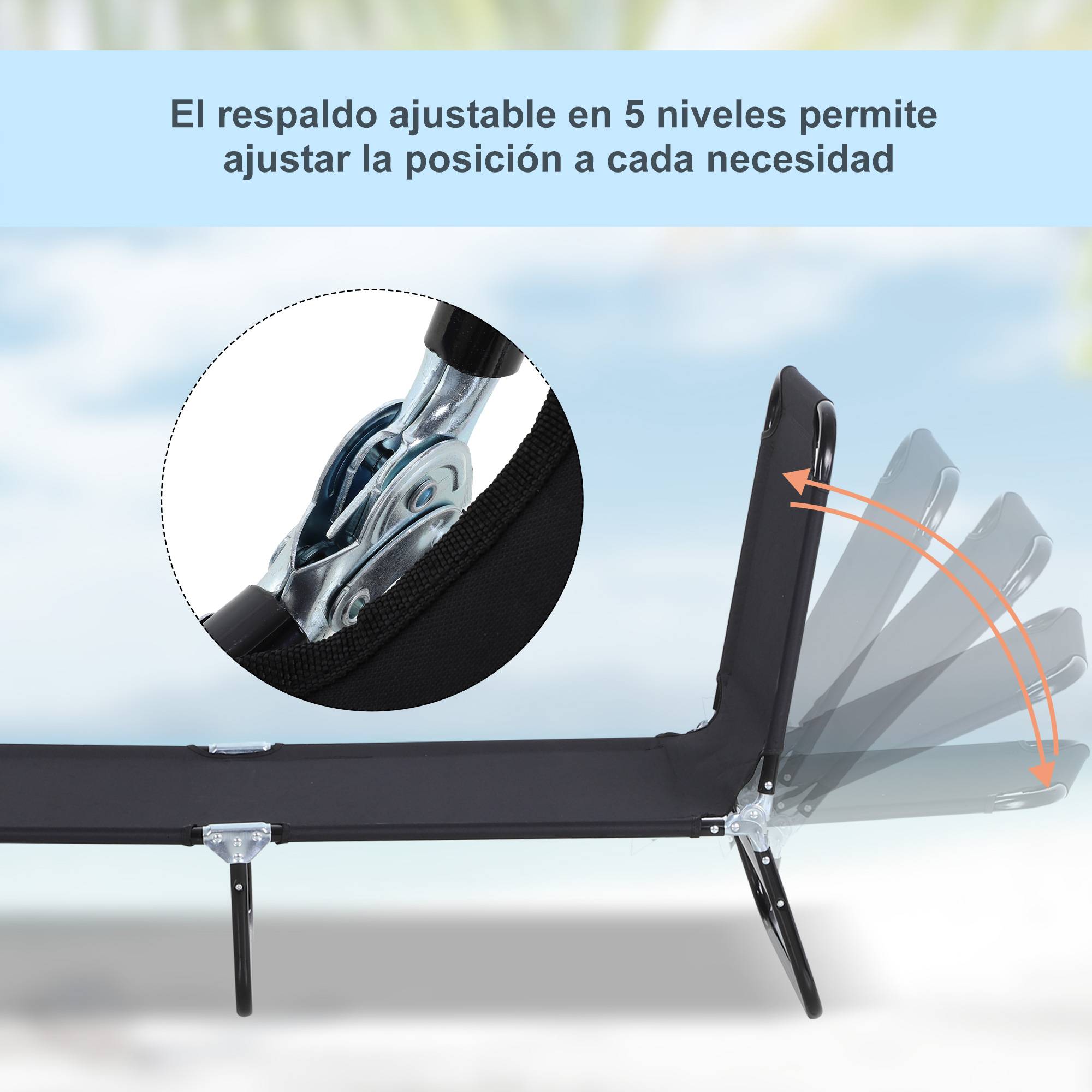 Chaise longue pliante noire, inclinable 5 positions, charge 120kg, 188×56×28cm, jardin piscine terrasse camping - Image 6
