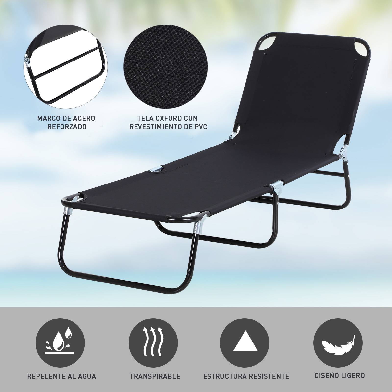 Chaise longue pliante noire, inclinable 5 positions, charge 120kg, 188×56×28cm, jardin piscine terrasse camping - Image 7