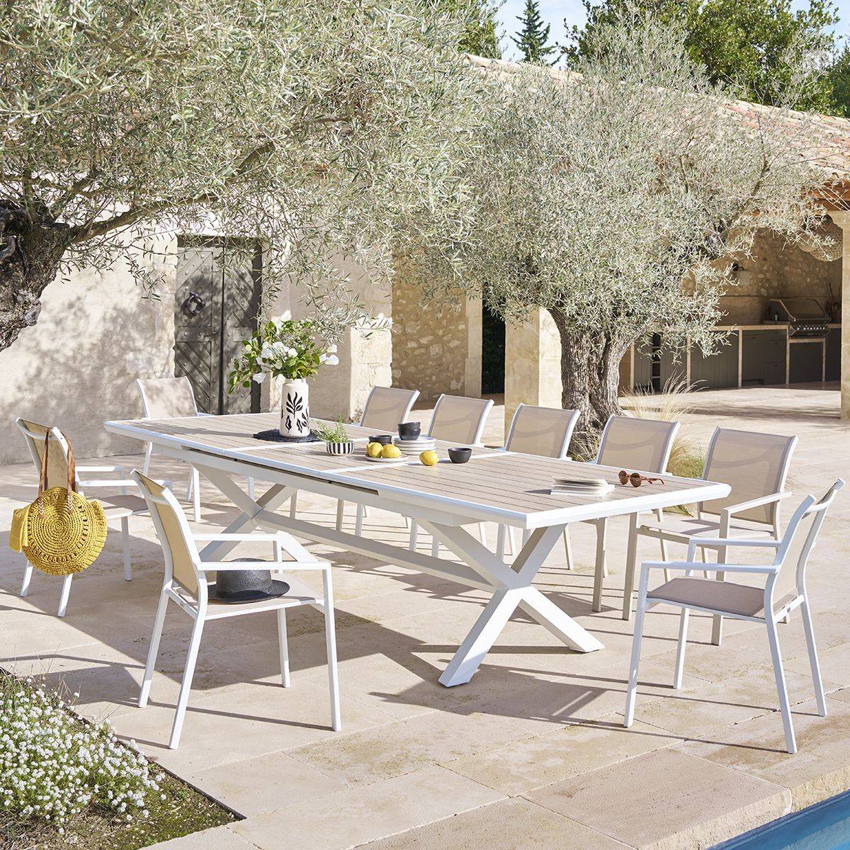 Hesperide - Table de jardin extensible "Axiome" en aluminium lin & blanc traité époxy 12 places - Hespéride - Imagen 6