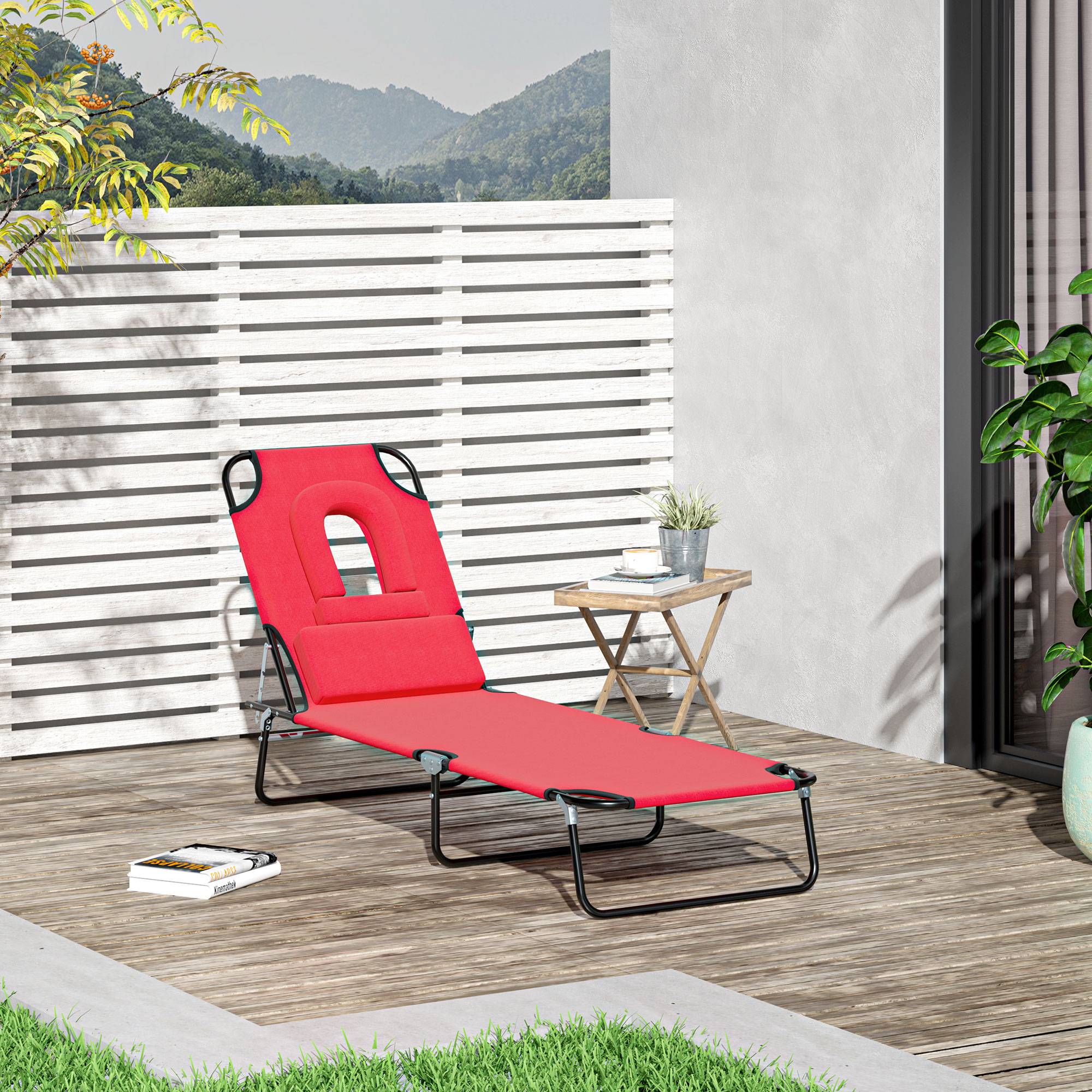 Sans Marque - Bain de Soleil Pliable transat inclinable 4 Positions Chaise Longue 3 Coussins fournis Rouge - Image 3