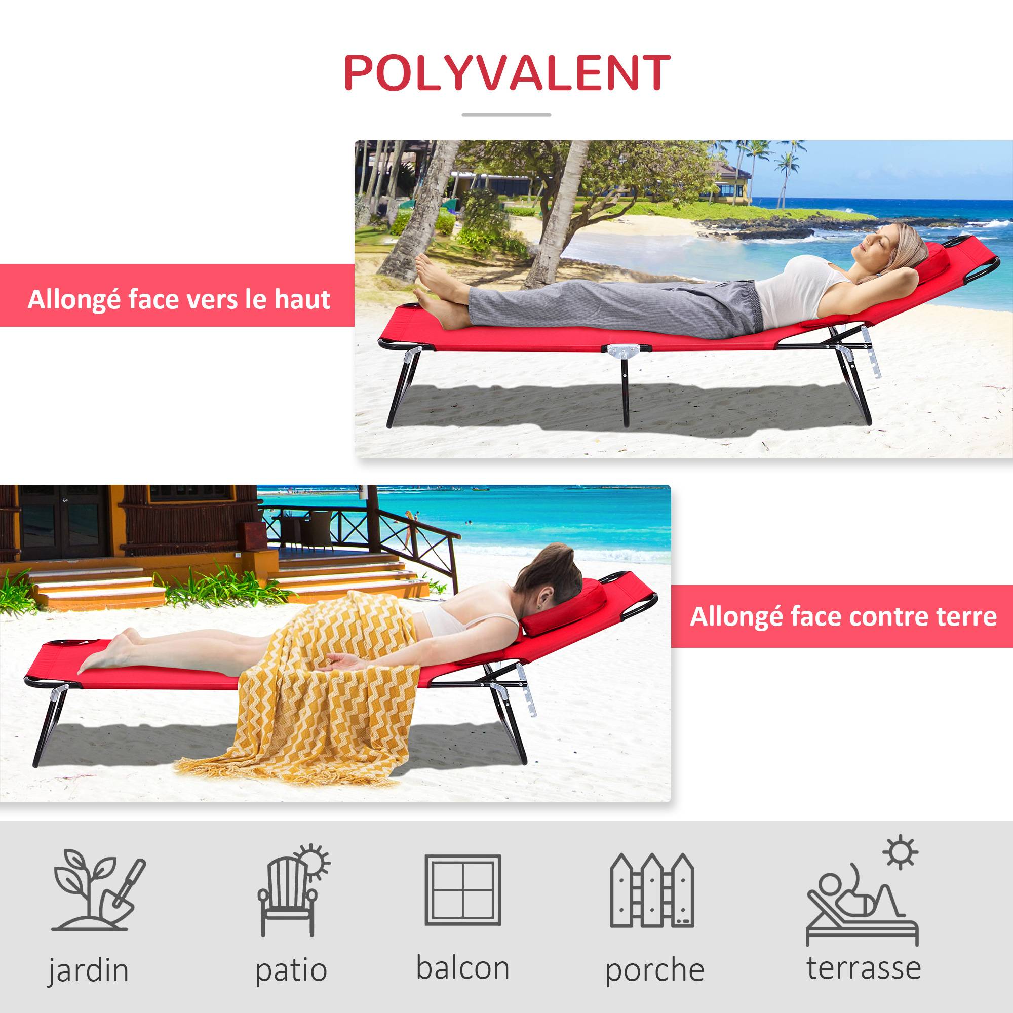 Sans Marque - Bain de Soleil Pliable transat inclinable 4 Positions Chaise Longue 3 Coussins fournis Rouge - Image 7