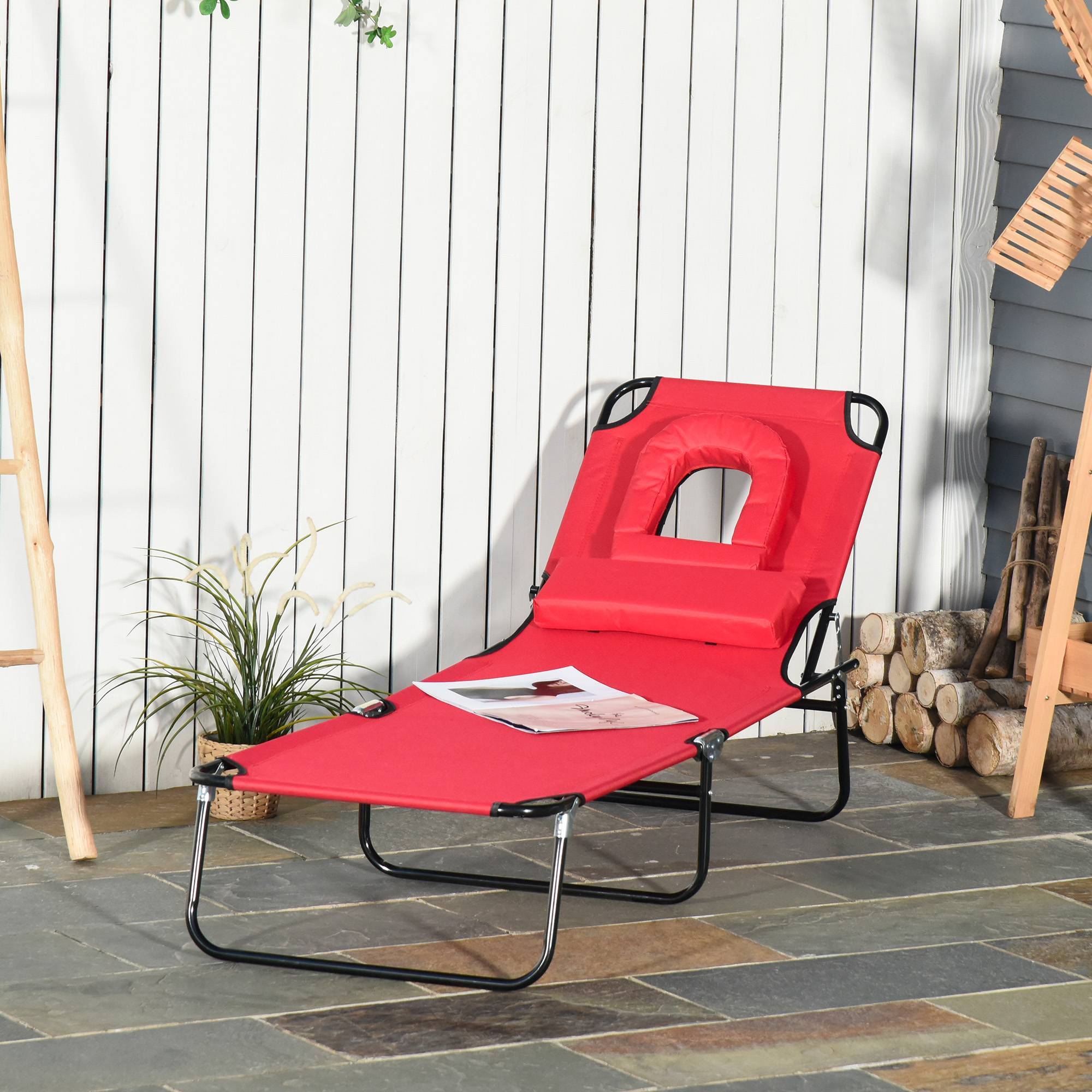 Sans Marque - Bain de Soleil Pliable transat inclinable 4 Positions Chaise Longue 3 Coussins fournis Rouge - Image 4