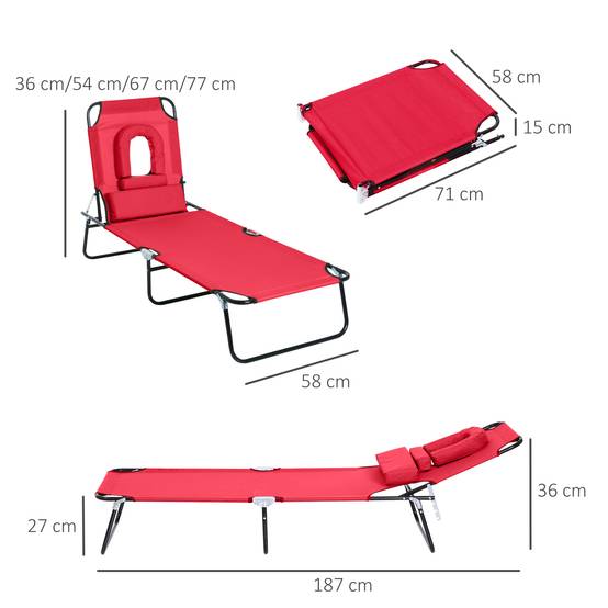 Sans Marque - Bain de Soleil Pliable transat inclinable 4 Positions Chaise Longue 3 Coussins fournis Rouge - Image 5