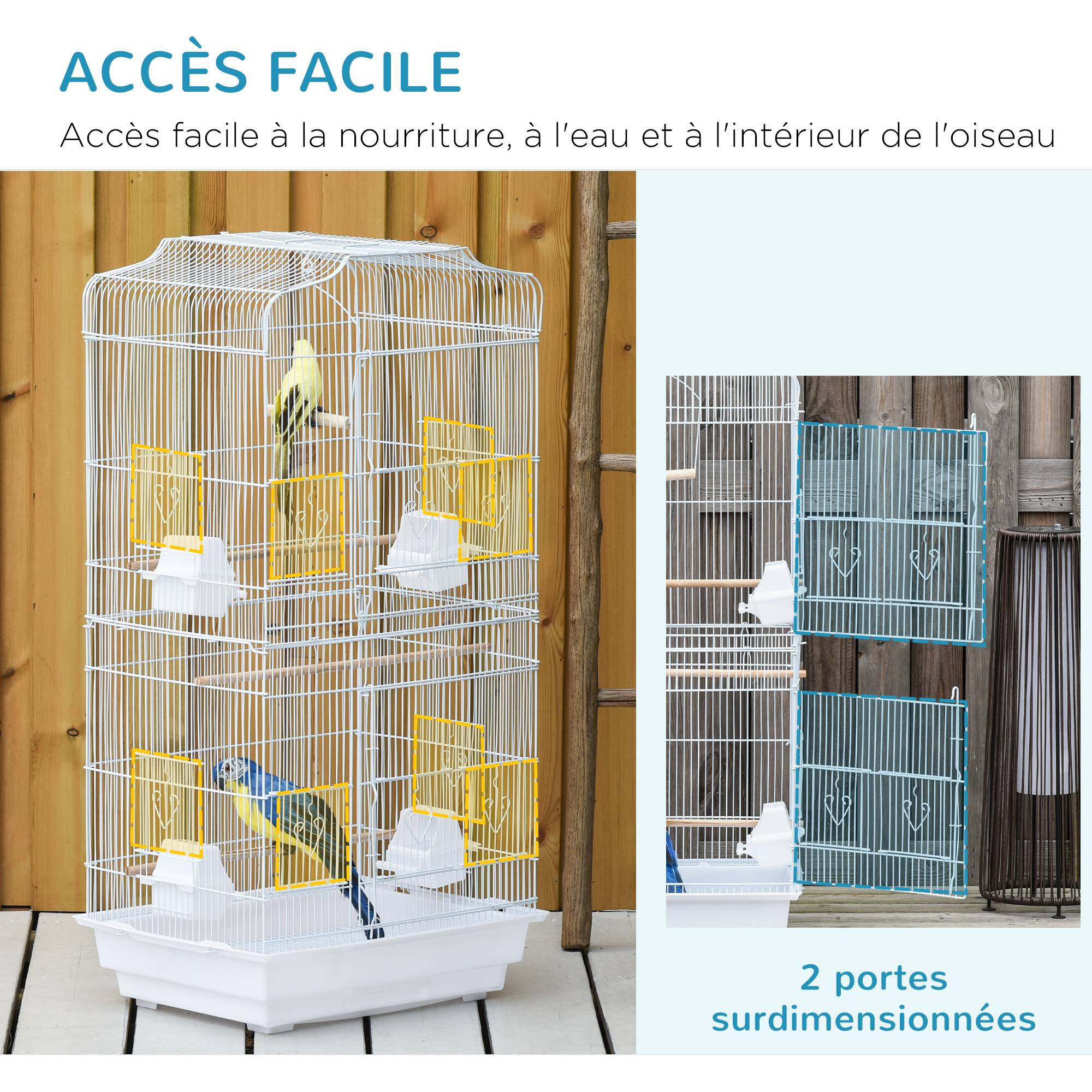 Pawhut - Cage à oiseaux volière avec mangeoires perchoirs plateau amovible 2 portes dim. 46,5L x 35,5l x 92H cm métal blanc - Imagen 4