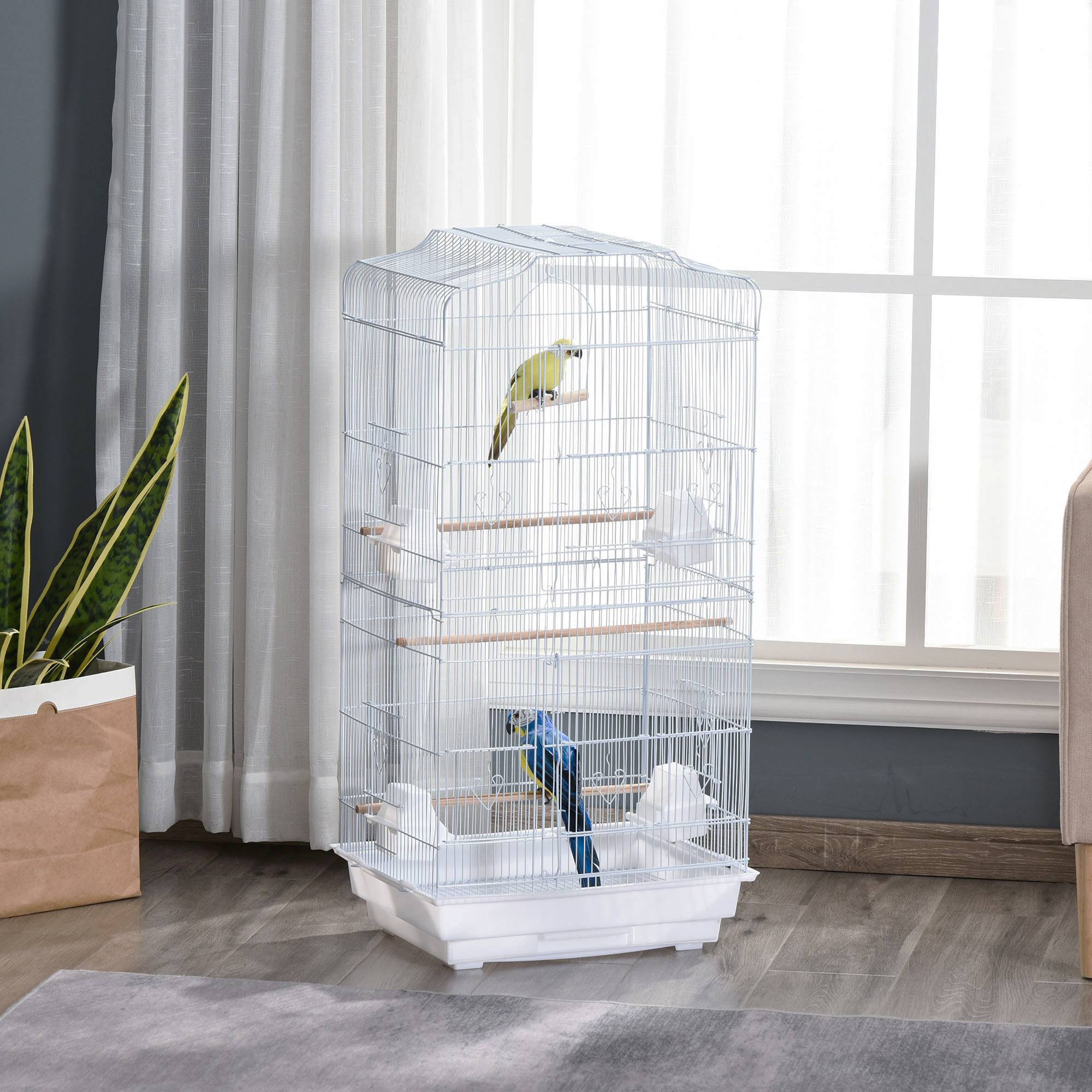 Pawhut - Cage à oiseaux volière avec mangeoires perchoirs plateau amovible 2 portes dim. 46,5L x 35,5l x 92H cm métal blanc - Imagen 2