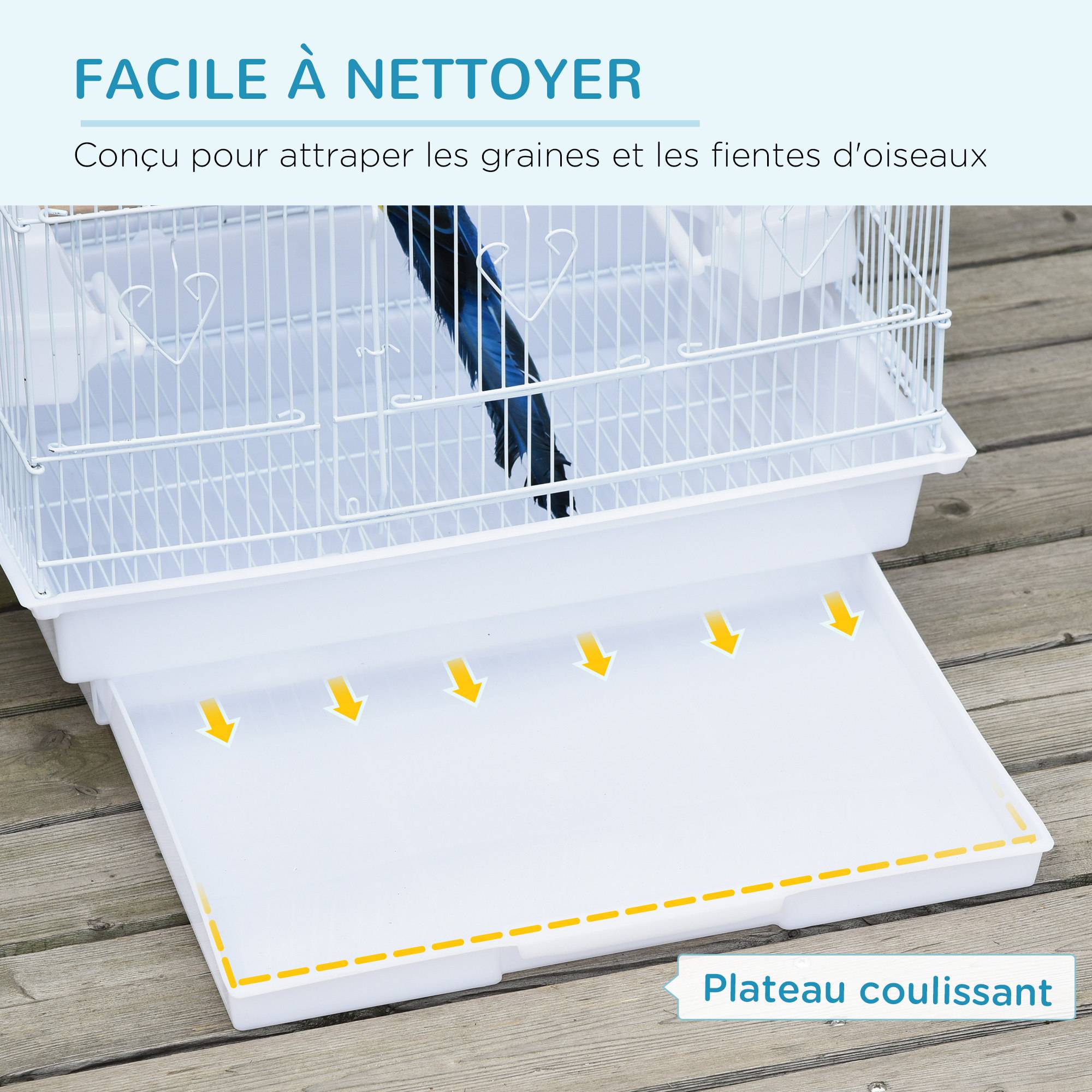 Pawhut - Cage à oiseaux volière avec mangeoires perchoirs plateau amovible 2 portes dim. 46,5L x 35,5l x 92H cm métal blanc - Imagen 5